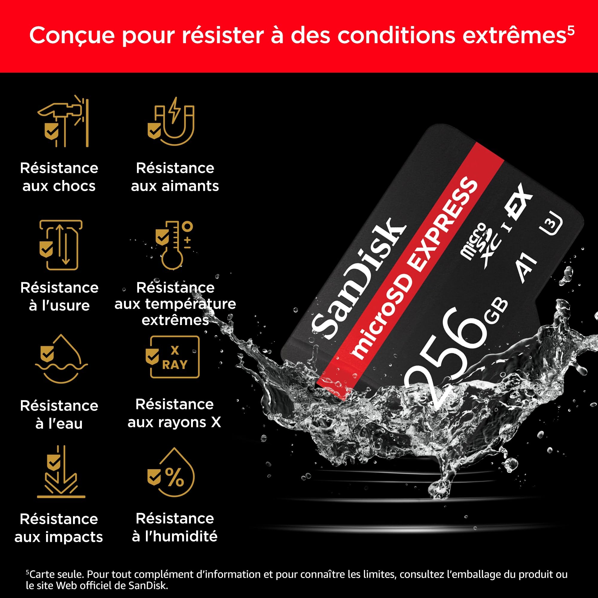 SanDisk microSD Express, 256 Go Carte microSD, Vitesee de lecture/écriture jusqu'à 880/480 Mo/s, Des vitesses de lecture jusqu’à 4,4 fois plus élevées que nos cartes microSD Class 10, U3