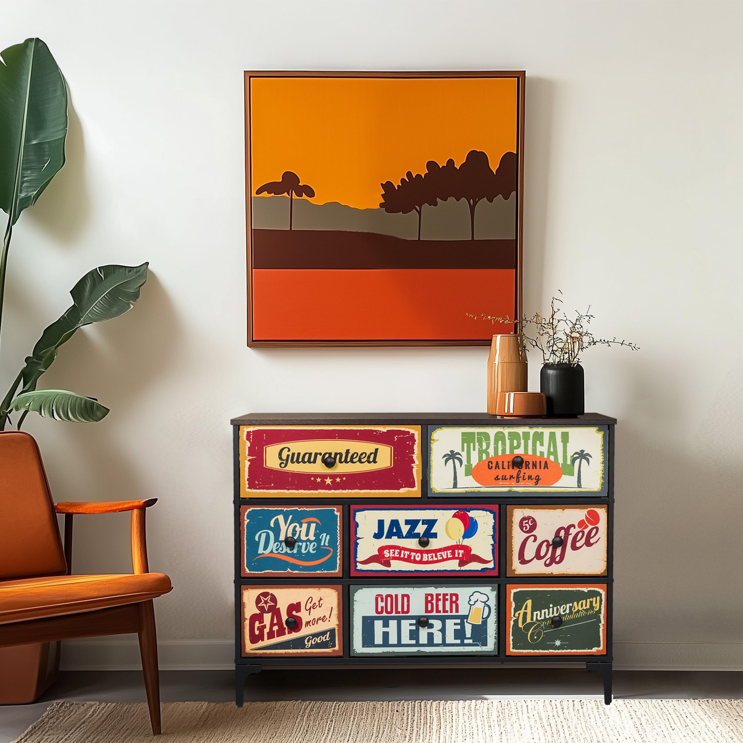 Kommode mit 8 Schubladen aus Vlies AMERIKO B 102,5x30x77,5 cm Schubladenschrank im Vintage-Look mit Motiven, Metall-Gestell