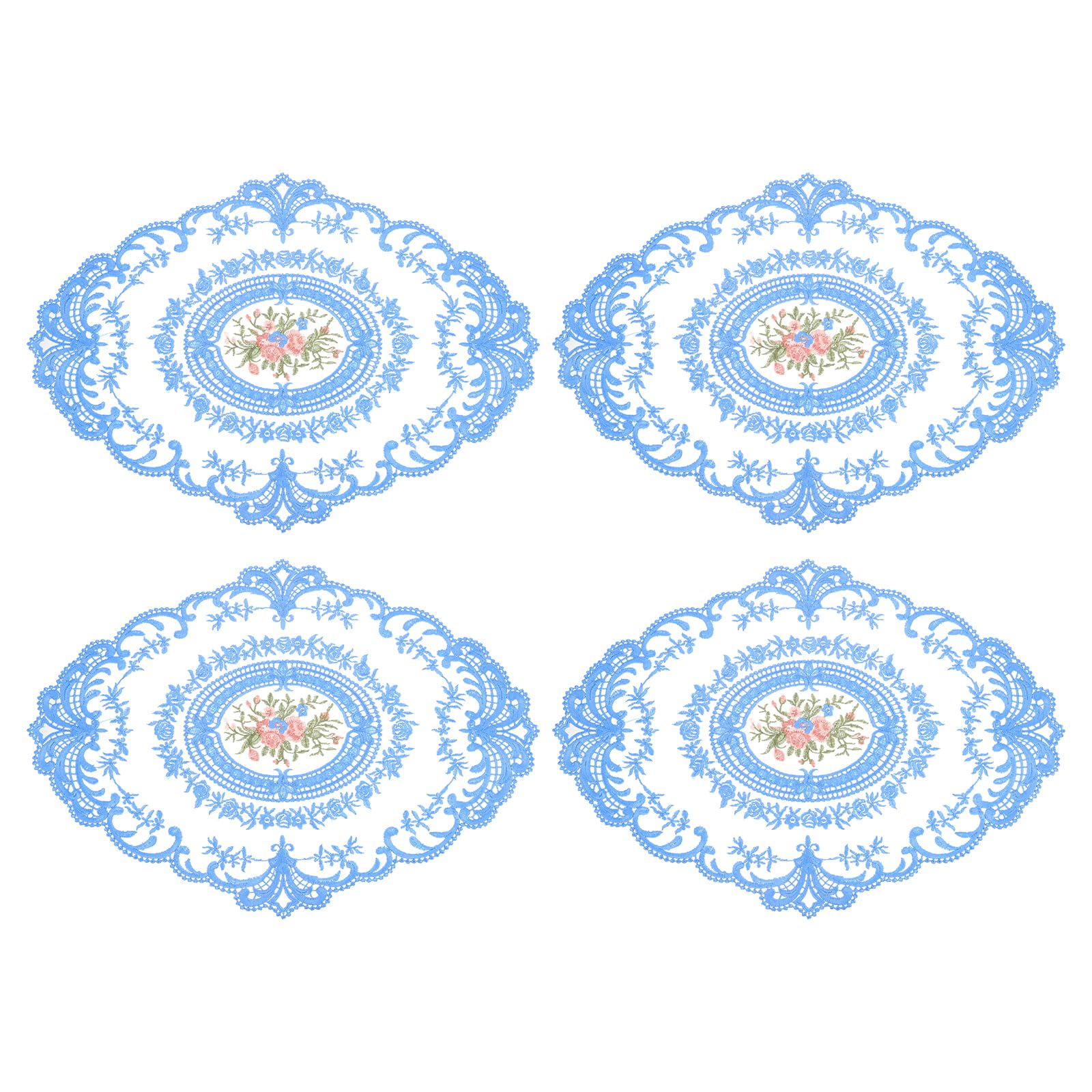 Set de table ovale bleu brodé en dentelle retro de 30x40 cm lot de 4