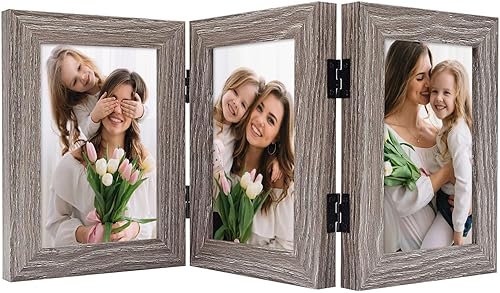Frametory, Marco de fotos triple de 4 x 6 pulgadas, marco de fotos con bisagras, tres marcos plegables para escritorio, marco de vidrio vertical