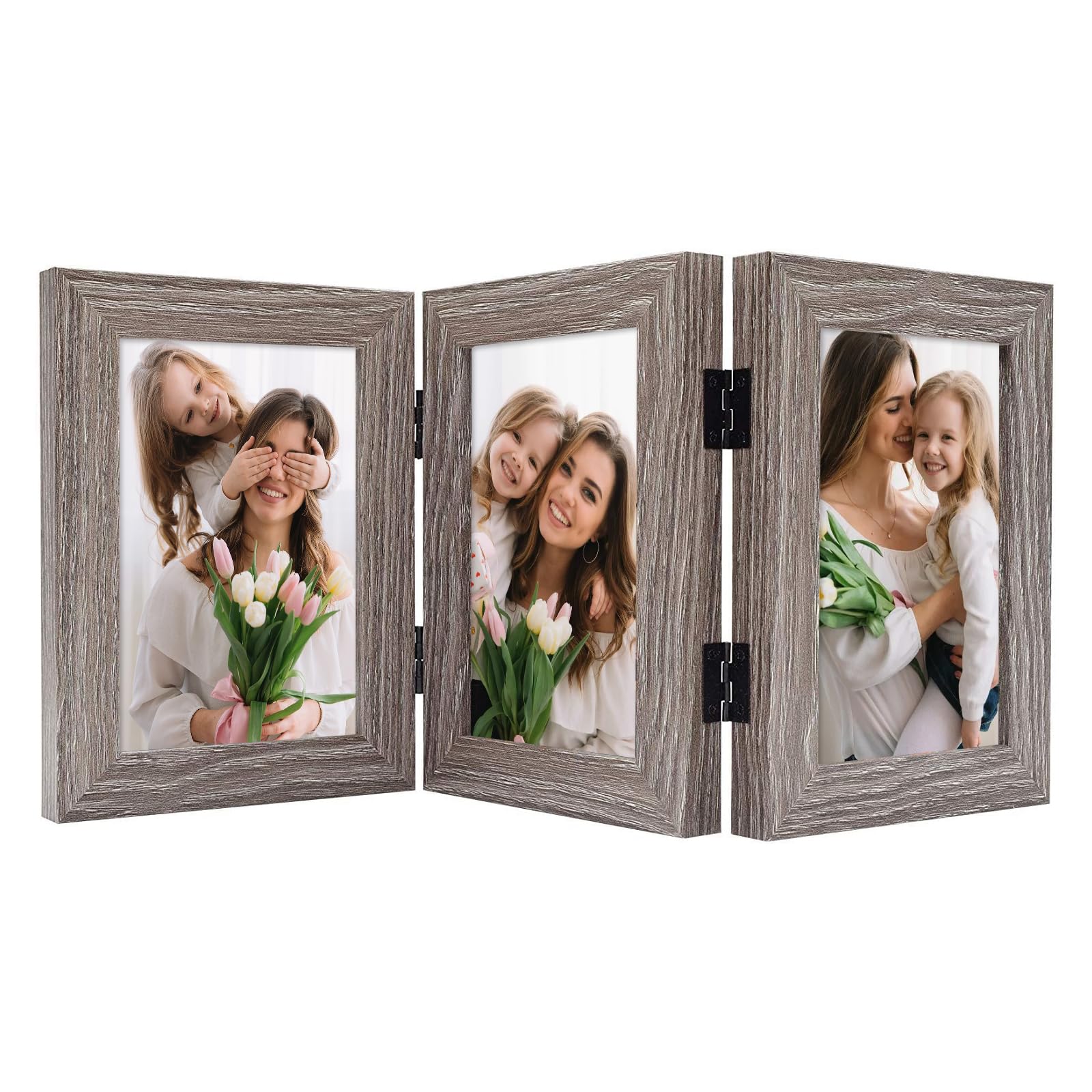 Frametory, 4x6 Trifold Picture Frame Hinged Photo Frames Three Folding Frame Desktop Glass Frame Vertical (Gray, 4x6 Triple)