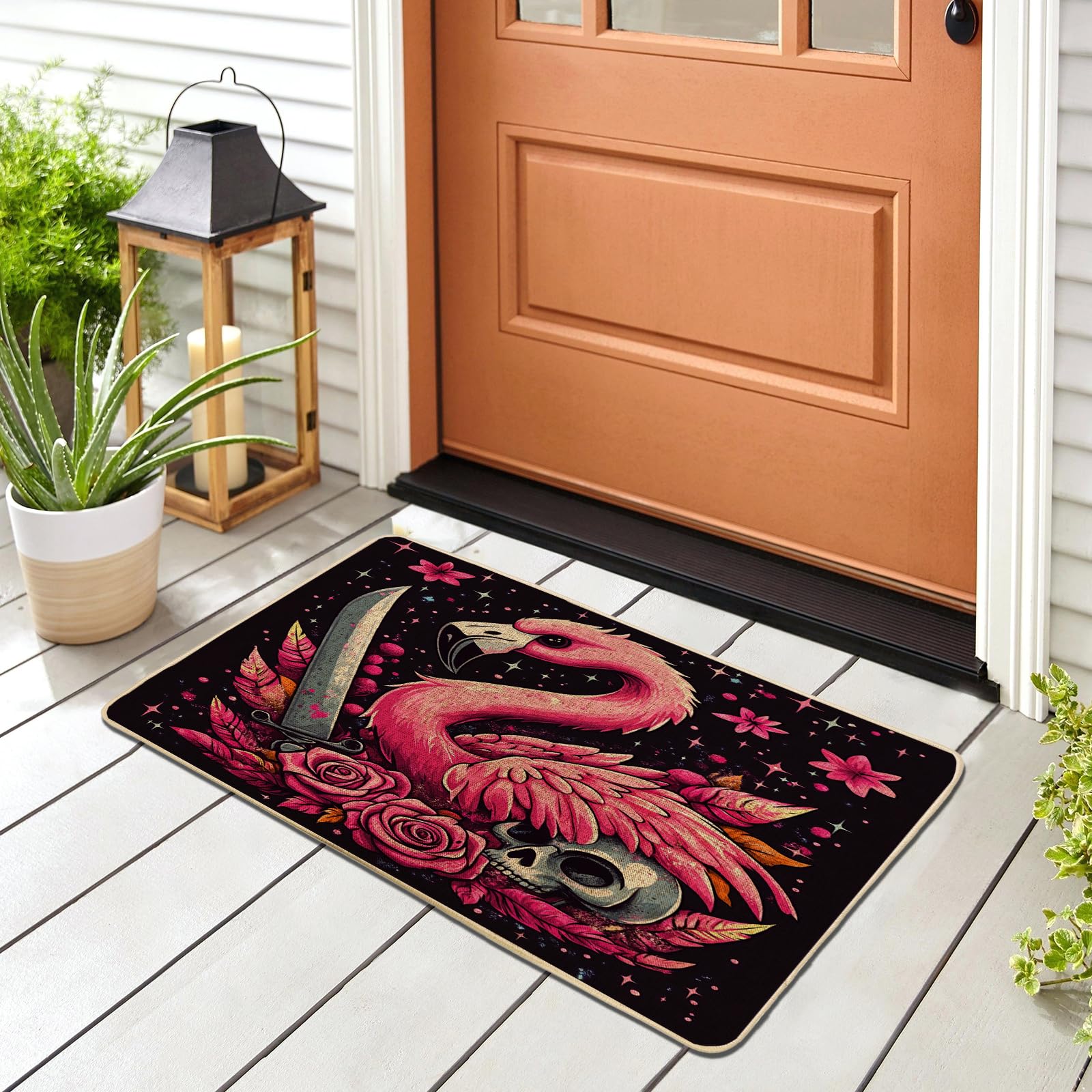Tapis de porte noir lavable motif crâne floral pour entrée