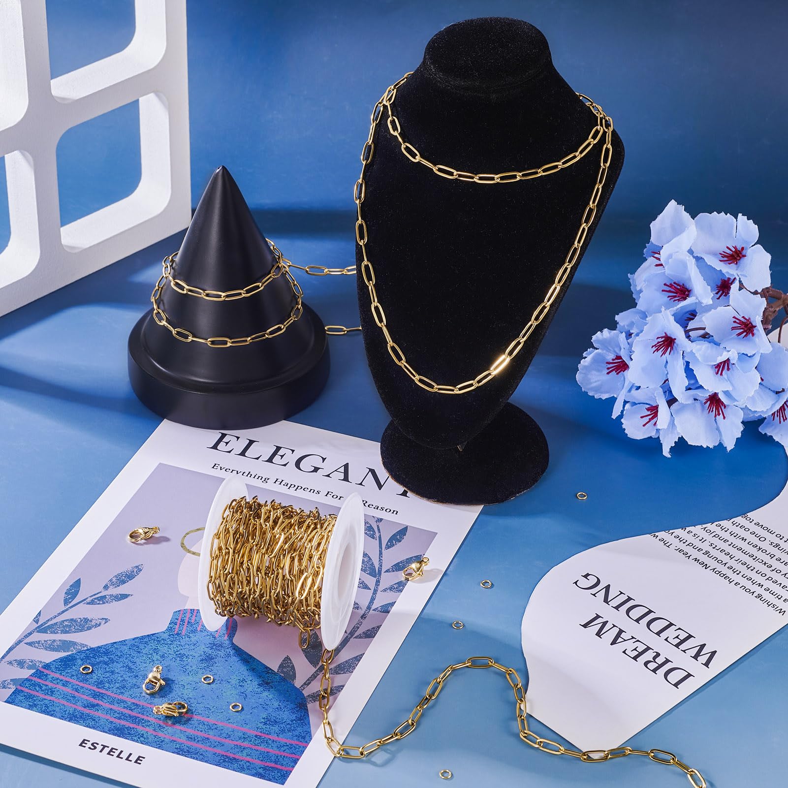 Sparkeads 18K Gold Plated Paperclip Chains 16.4 Feet Stainless Steel Oval Link Soldered Chains with Lobster Clasps Jump Rings for Craft DIY Bracelet Necklace Women Key Chain Accessory