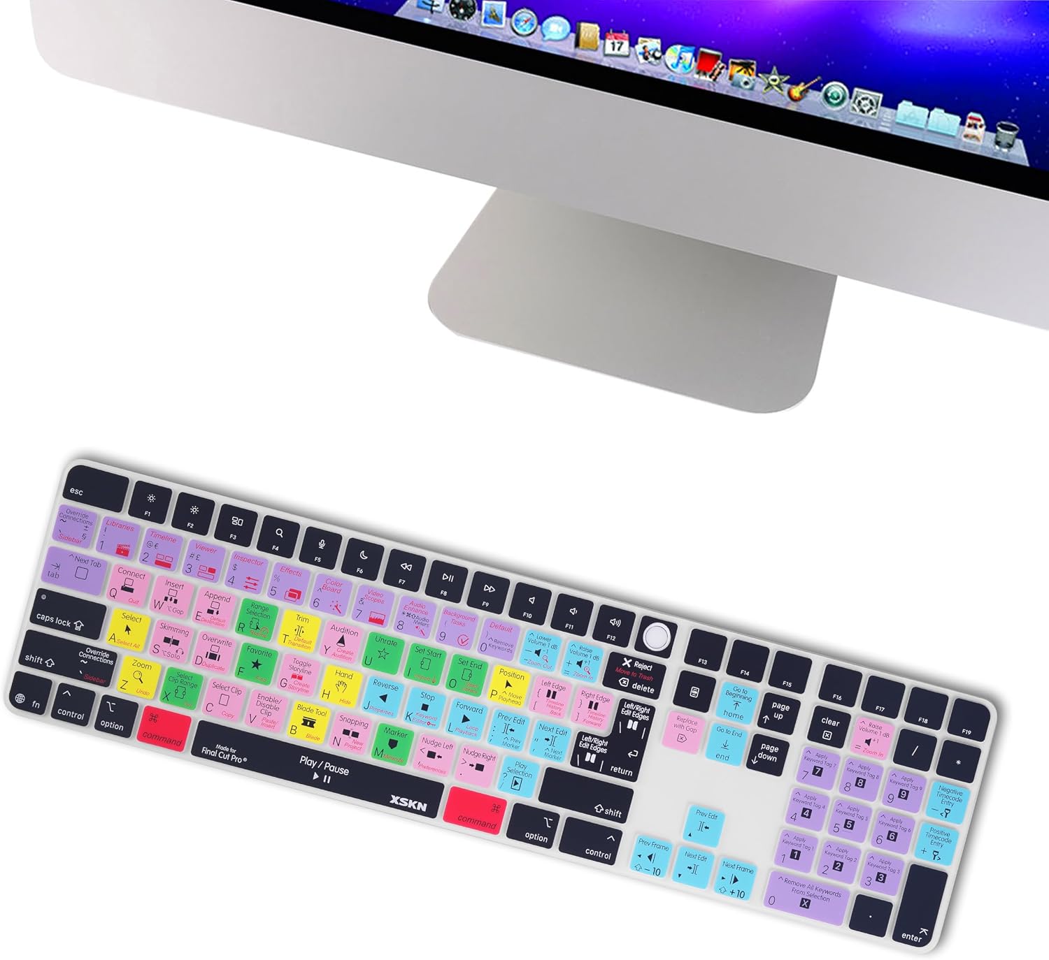XSKN Final Cut Pro Shortcuts EU&US Universal Version Silicone Keyboard Cover Skin for 2024 iMac 24 inch M4 Magic Keyboard with Touch ID and Numeric Keypad (A3119)