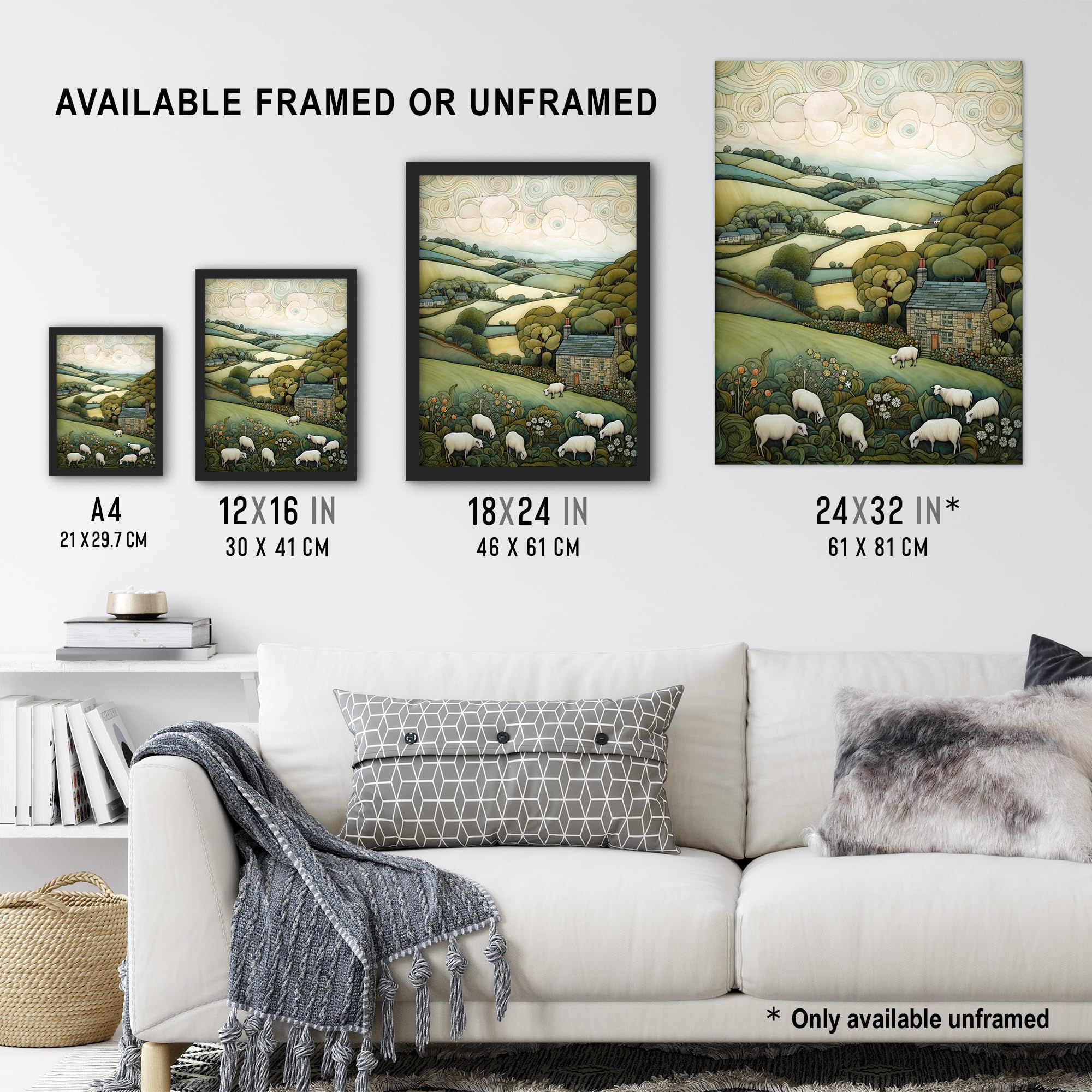 Artery8 Sleepy England By Celia Hapton Quirky Lake District Scene Rolling Hills Grazing Sheep Extra Large XL Wall Art Poster Print - Image 3