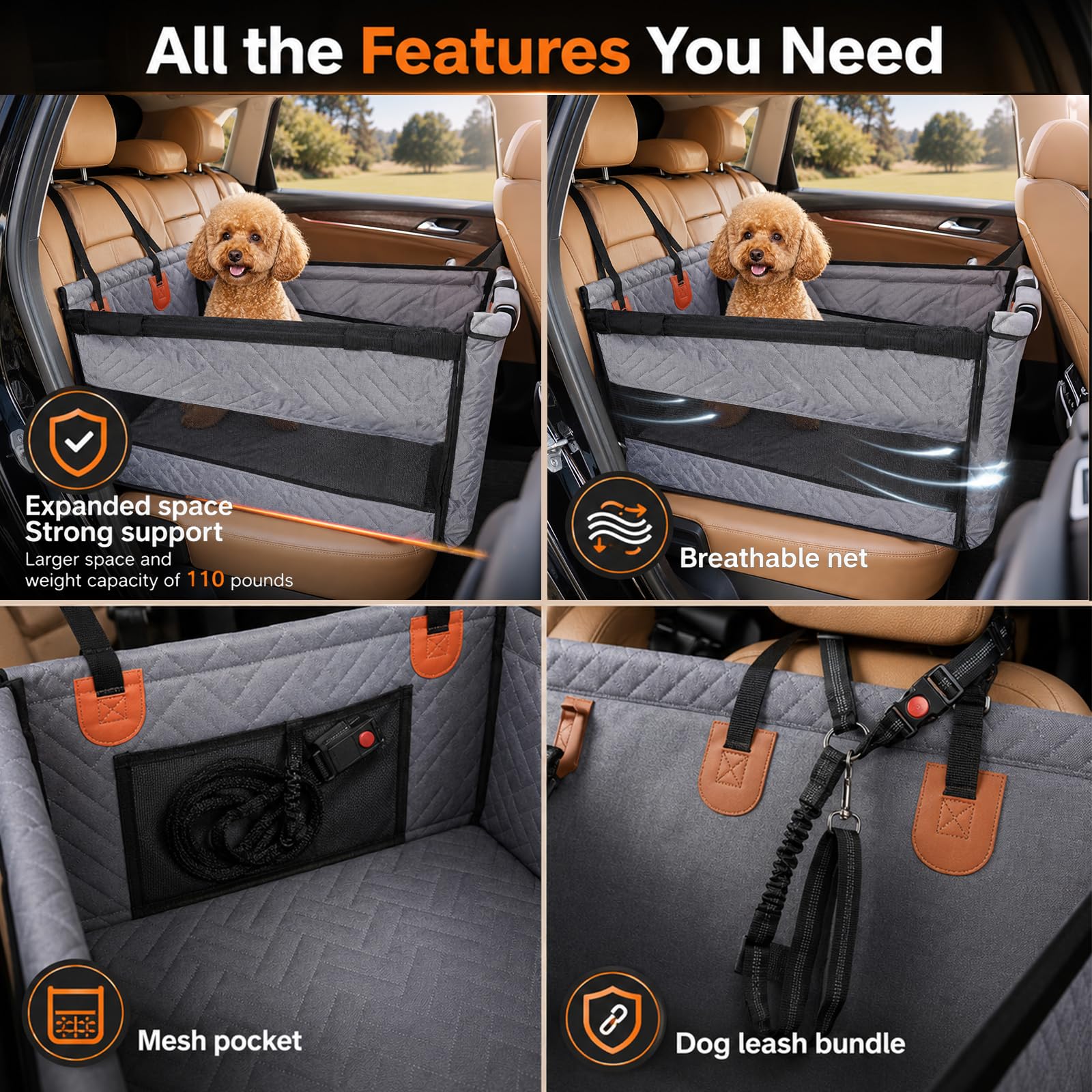 Perros Suelo Duro Asiento Individual, Asiento para Perros Reforzado Coche con Ventilación y Espacio de Almacenamiento, Impermeable Antideslizante Con Ventana de Red, Asiento para Perros Reforzado