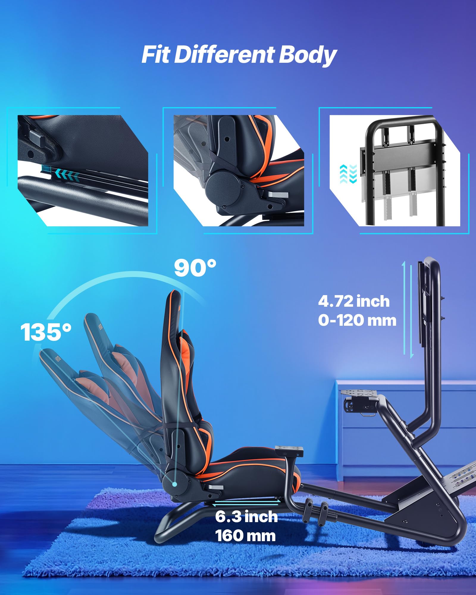 VEVOR Support de Volant de Course Cockpit de Simulateur de Conduite, Support d'Écran, Compatible Pédales Logitech G25, G27, G29, G920, G923, Thrustmaster T300RS, TX F458, T500RS, T3PA-PRO (F1/GT), CSR