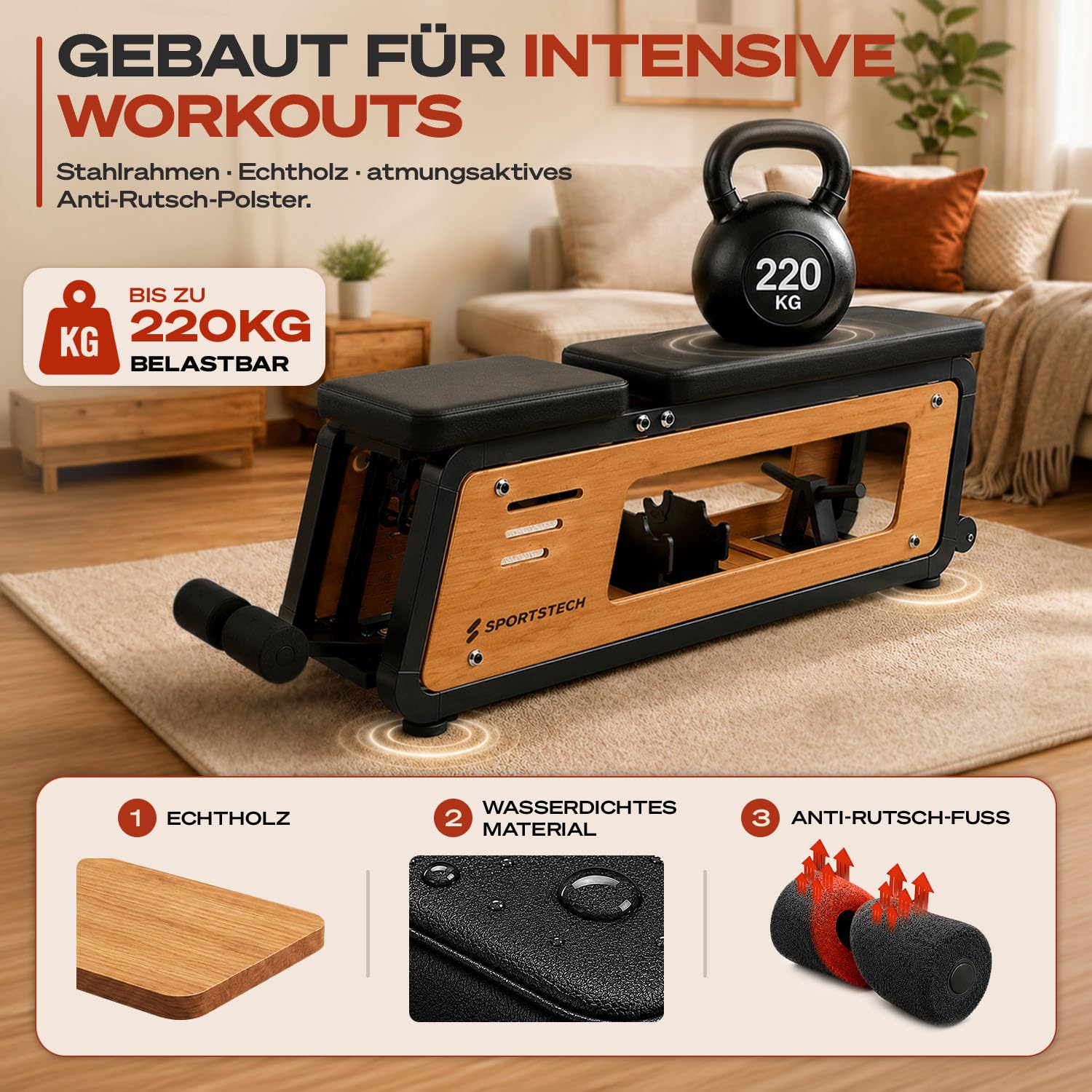 Sportstech Hantelbank Holz für Zuhause, 220 kg belastbar, mit Hantelablage