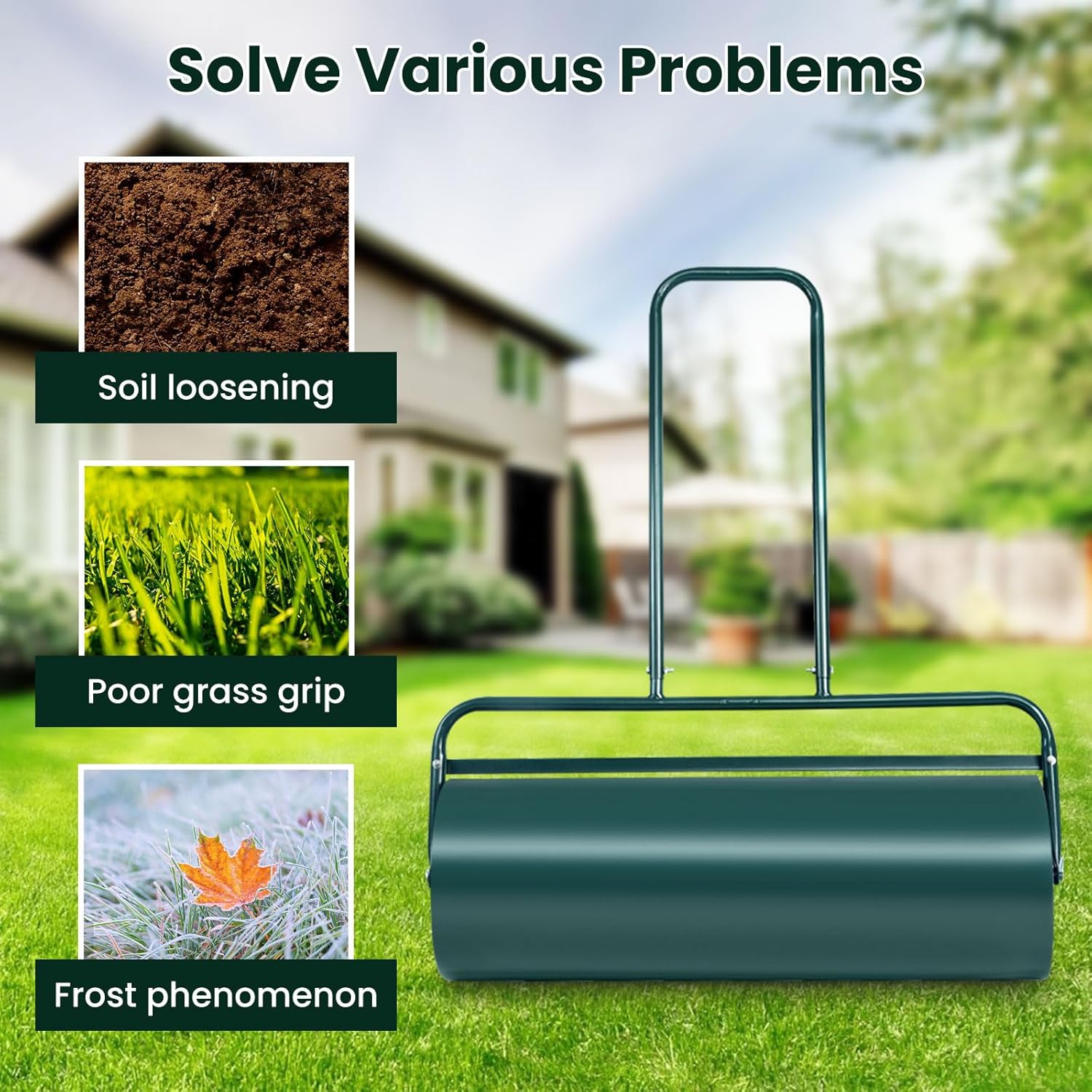 Lawn Roller, ARNOT 12x36-Inch, 63L/ 17 Gallons Heavy-Duty Push/Tow Behind Water/Sand Filled Garden Drum Roller for Park, Garden, Yard, Ball Field, Green