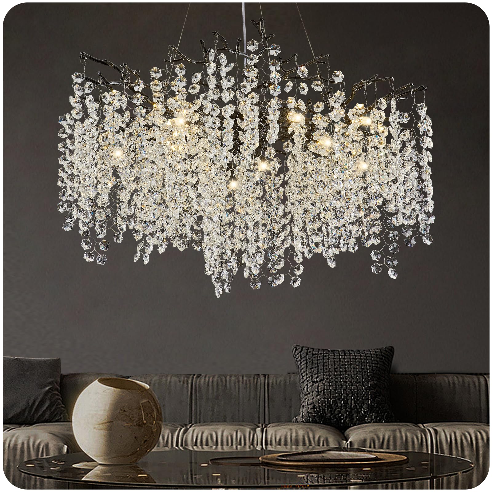esianu Modern Crystal Chandelier for Dining Room - Black Tree Branches Chandeliers D24 Living Room Bathroom Kitchen 8-Light Round Chandelier Over