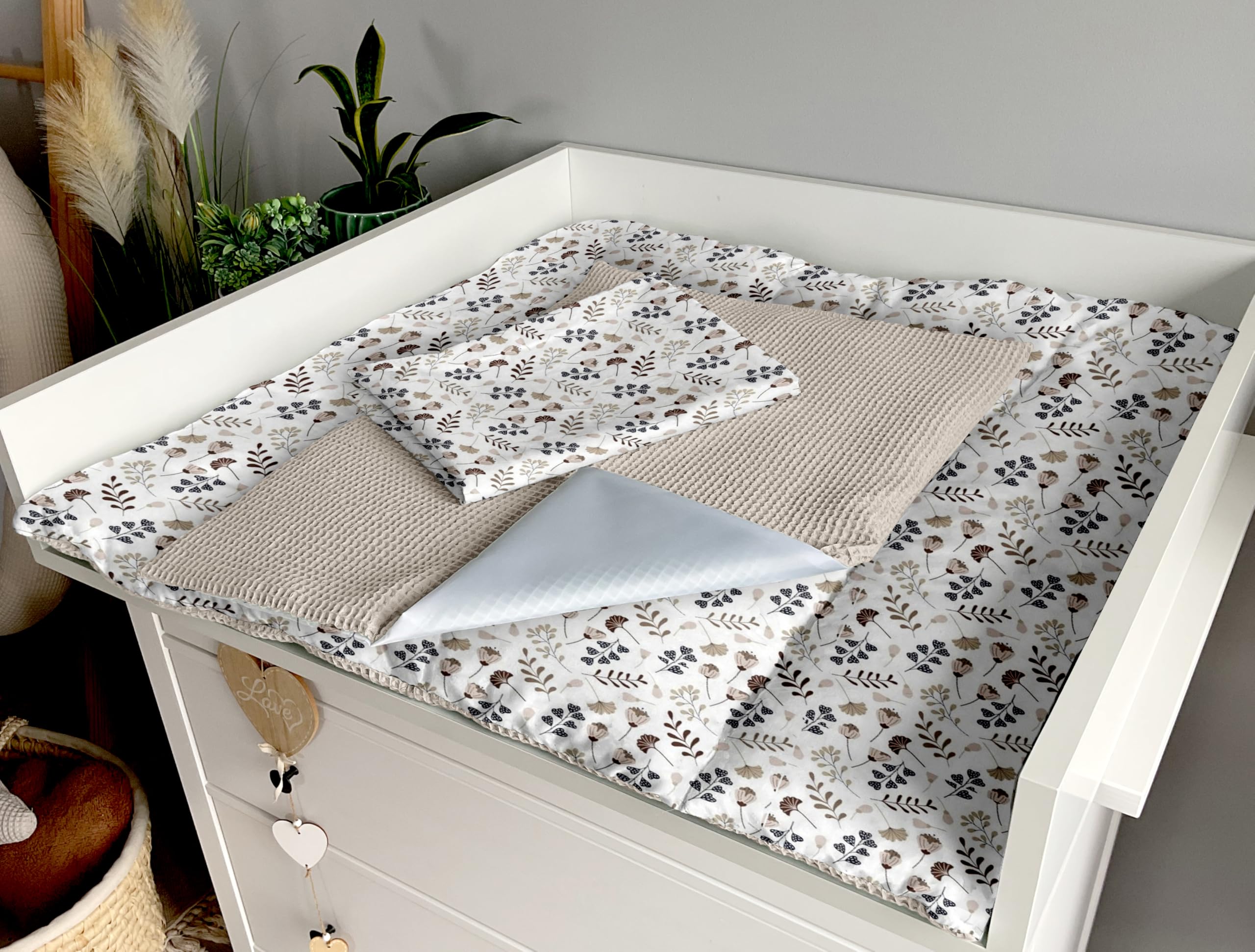 Wickelauflage Set 6-teilig – Wickelunterlage aus Baumwolle & Waffelstoff – Baby Wickelauflage – Geschenk zur Babyparty – Wickeltischauflage – 75x75 cm (Breite x Tiefe), Zweige und Sand