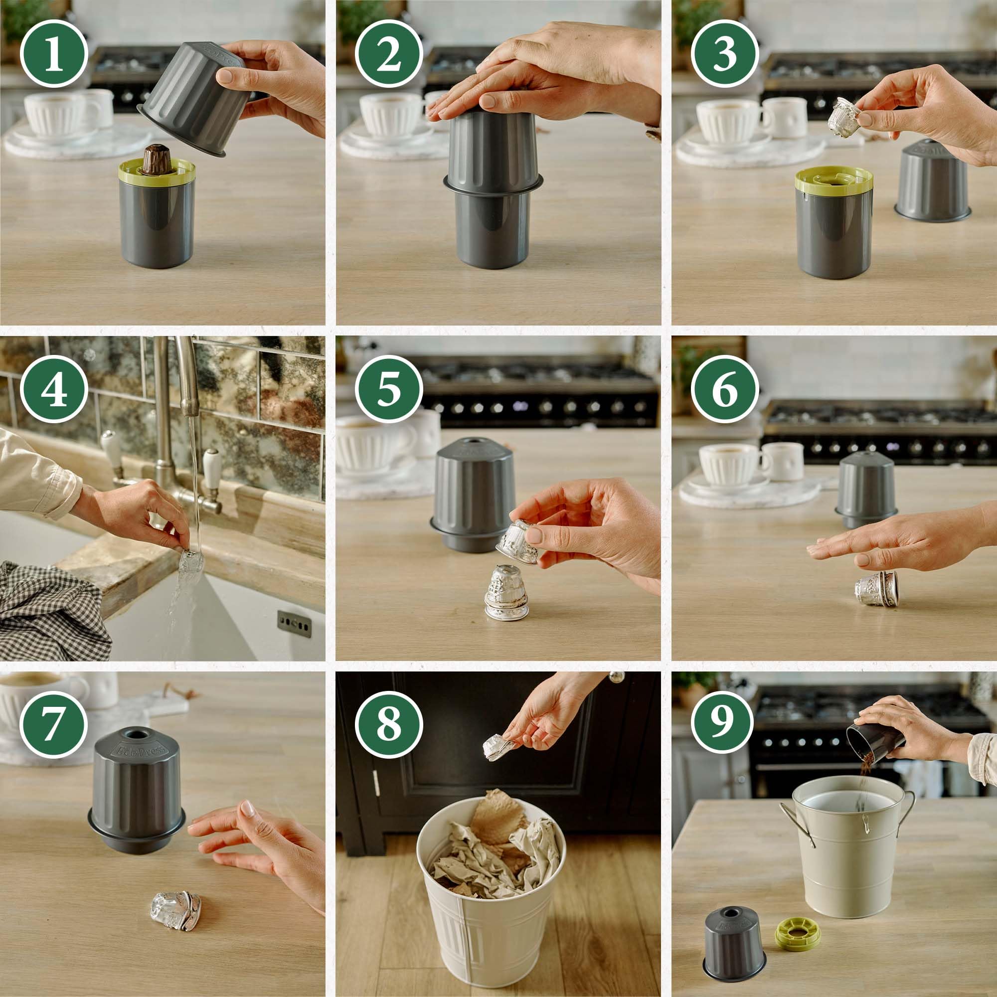 DUALIT EcoPress – Reciclaje cápsulas de café – Reciclador de cápsulas de aluminio – Herramienta Premium Ecológica Compatible con Cápsulas Nespresso y Café Molido