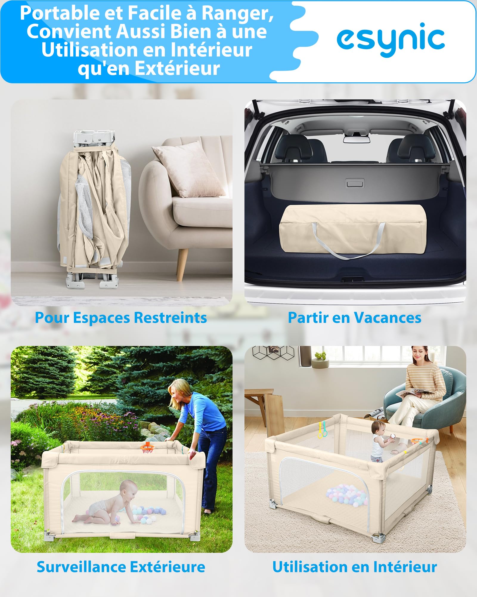eSynic Parc Bébé Pliable 127 × 127 cm avec Tapis Sac de Rangement Balle Océanique Panier de Basket Parc de Jeux Bébé Portable Usage Intérieur et Extérieur Maille Respirante Tissu Oxford 210D -Beige
