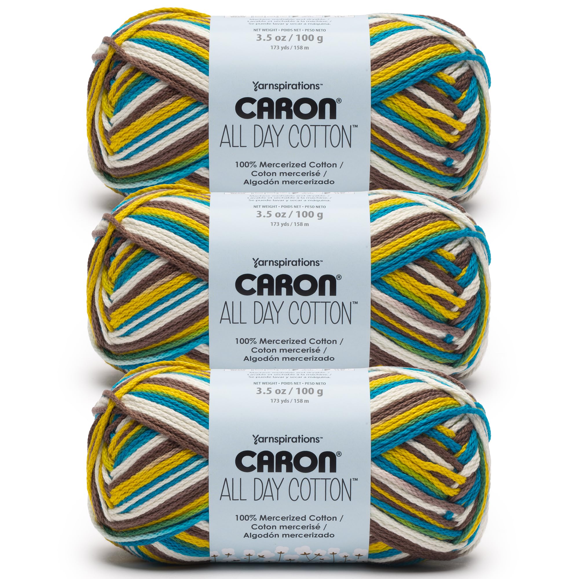 Caron All Day Cotton Prints Yarn for Crocheting, Riverbank, 3-Pack