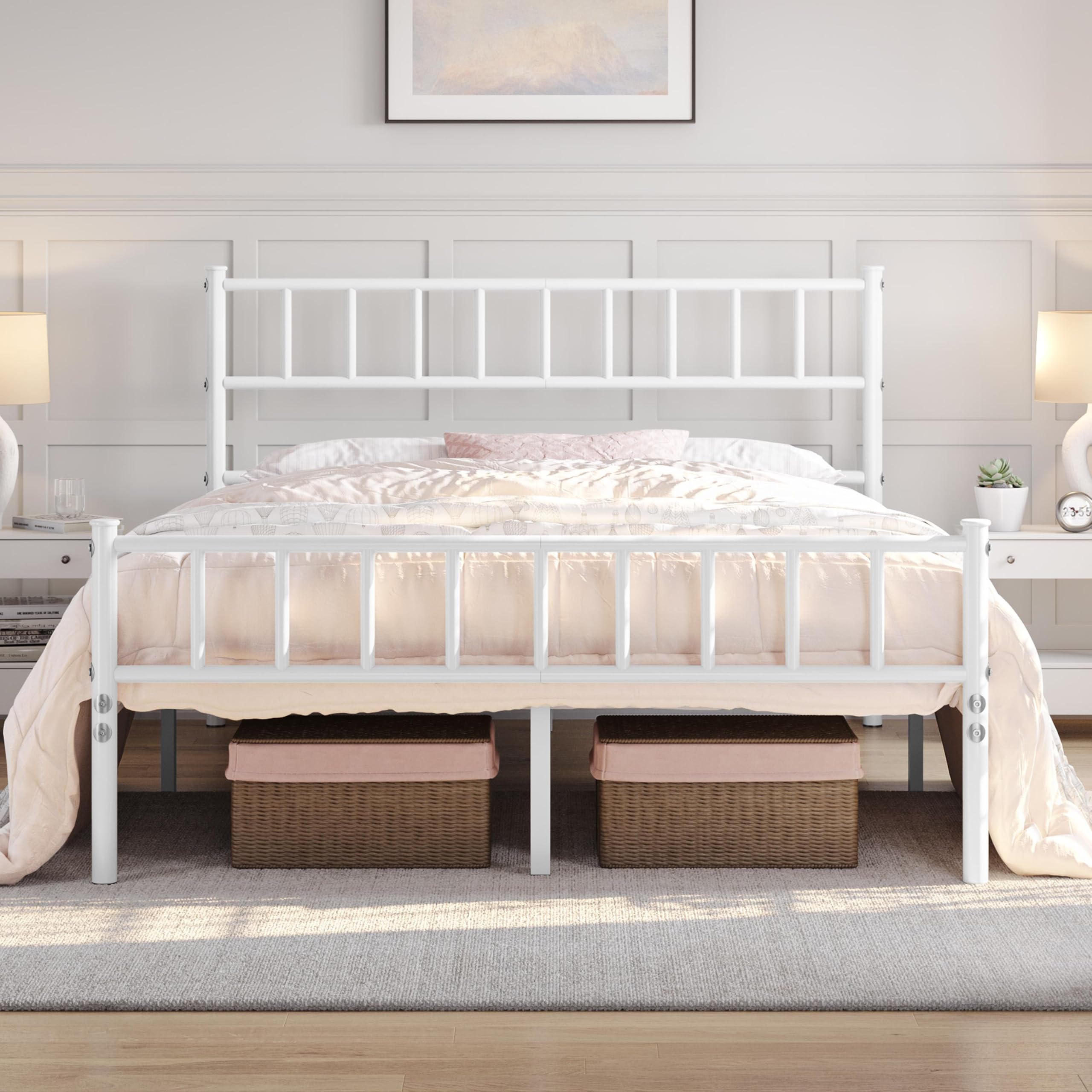 Yaheetech Double Metal Bed Frame 4ft6 Modern Style Bed with Headboard and Footboard, Solid Slatted Bed Base White