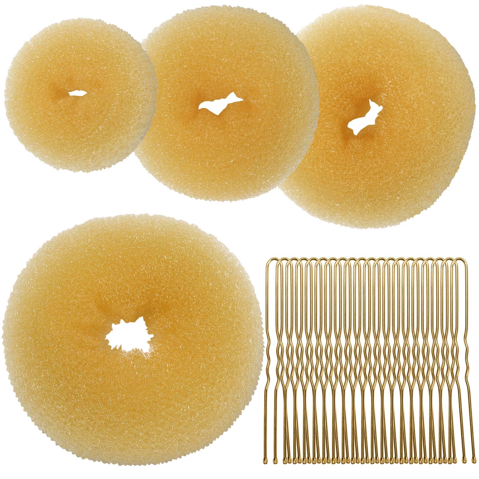 Teenitor Juego de 4 moldes dorados para moños con forma de dona extra grande, grande, mediana y pequeña, 20 horquillas grandes