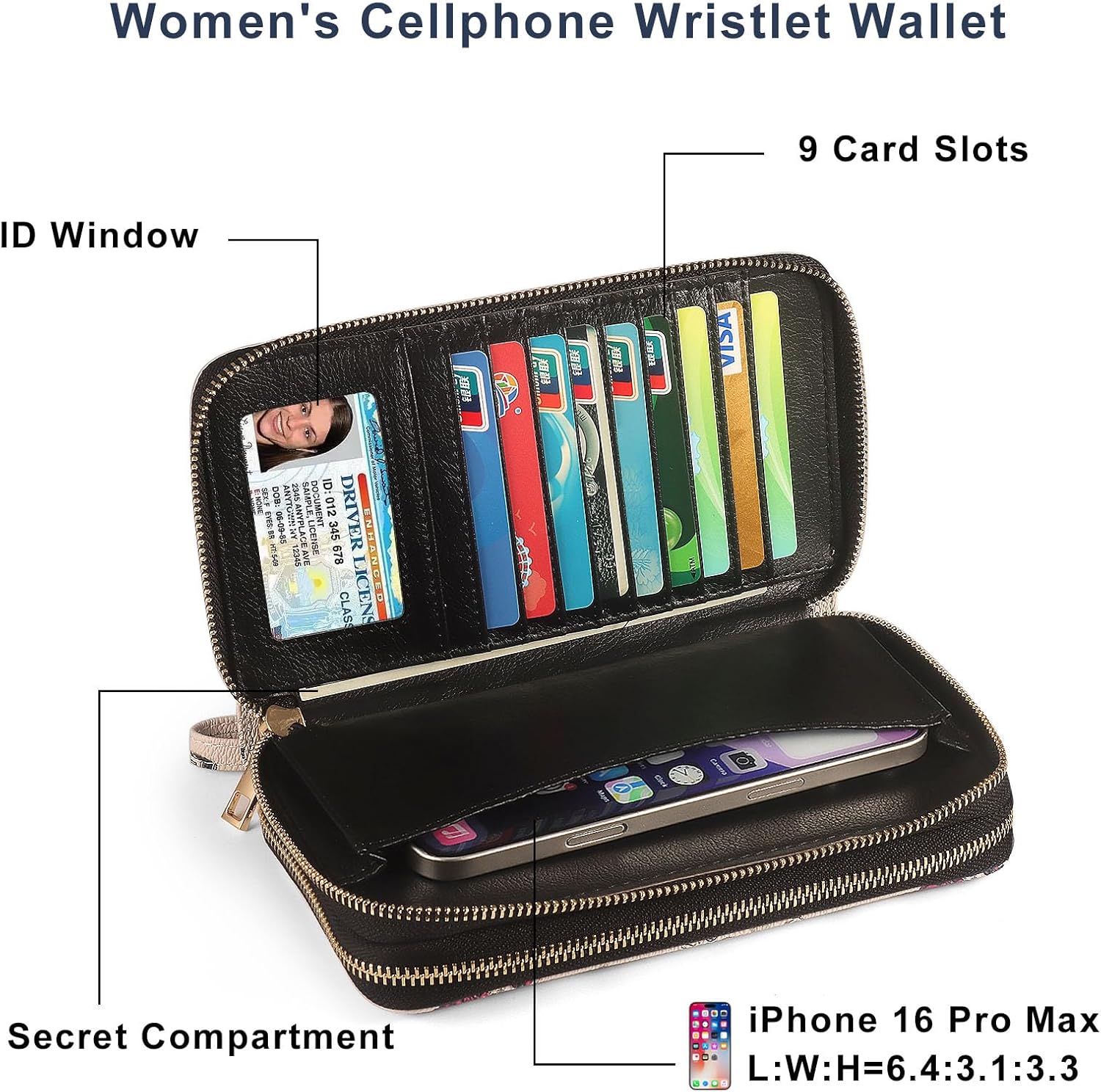 RFID Wallet for Women with Cellphone Pocket - Double Zipper Wristlet Purse Large Capacity, 17 Card Slots, Coin Pocket, ID Window, Effel Tower Flower - Image 3