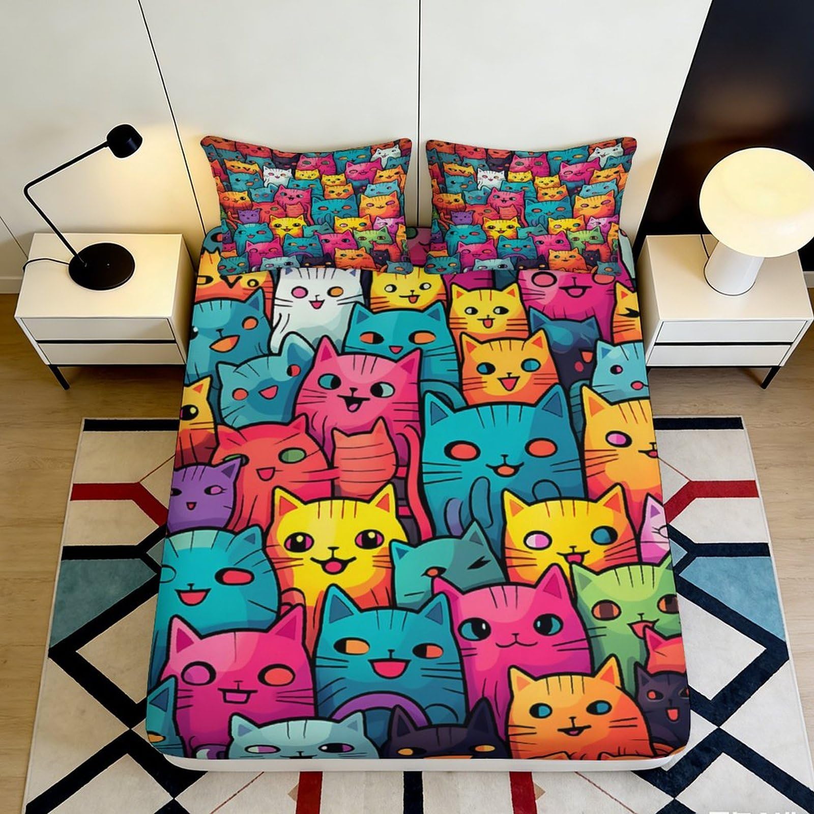 Pnayamiorkfel Style-9 3D Printed Colorful Cartoon Cat Fitted Sheet Microfiber Artistic Bed Cover For Bedroom Guest Room Mattress Protection Decor 90X200x25cm