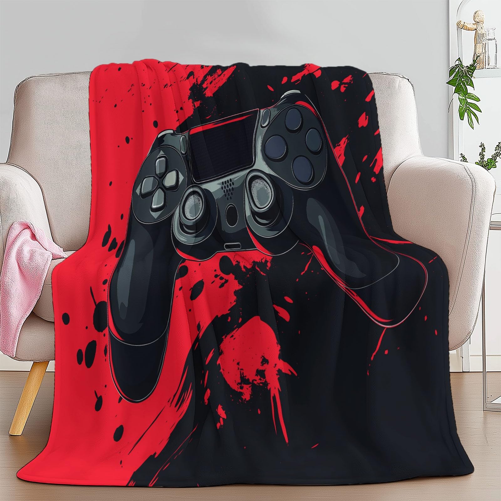 Coperta con stampa controller con videogiochi, 180 x 200 cm, in morbido pile rosso, comoda e leggera, in flanella felpata, per letto, divano, perfetta per adulti e bambini, decorazione per la casa e