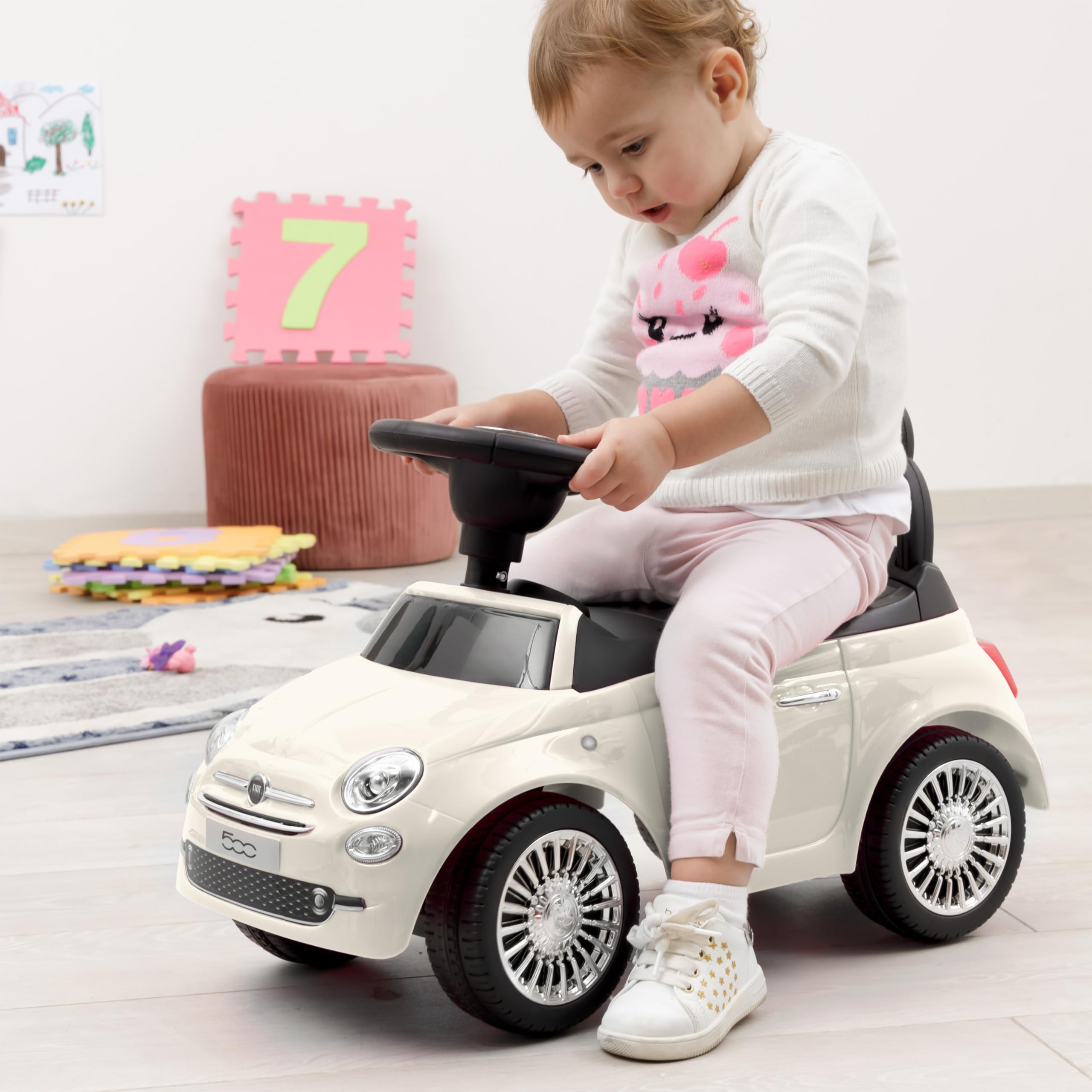 Baroni Toys Fiat 500 Coche de Paseo para Niños de 12 a 36 Meses, Volante con Claxon y Sonidos, Compartimento Portaobjetos y Respaldo, Coche Infantil para Aprender a Andar, Blanco, 28x60x23 cm