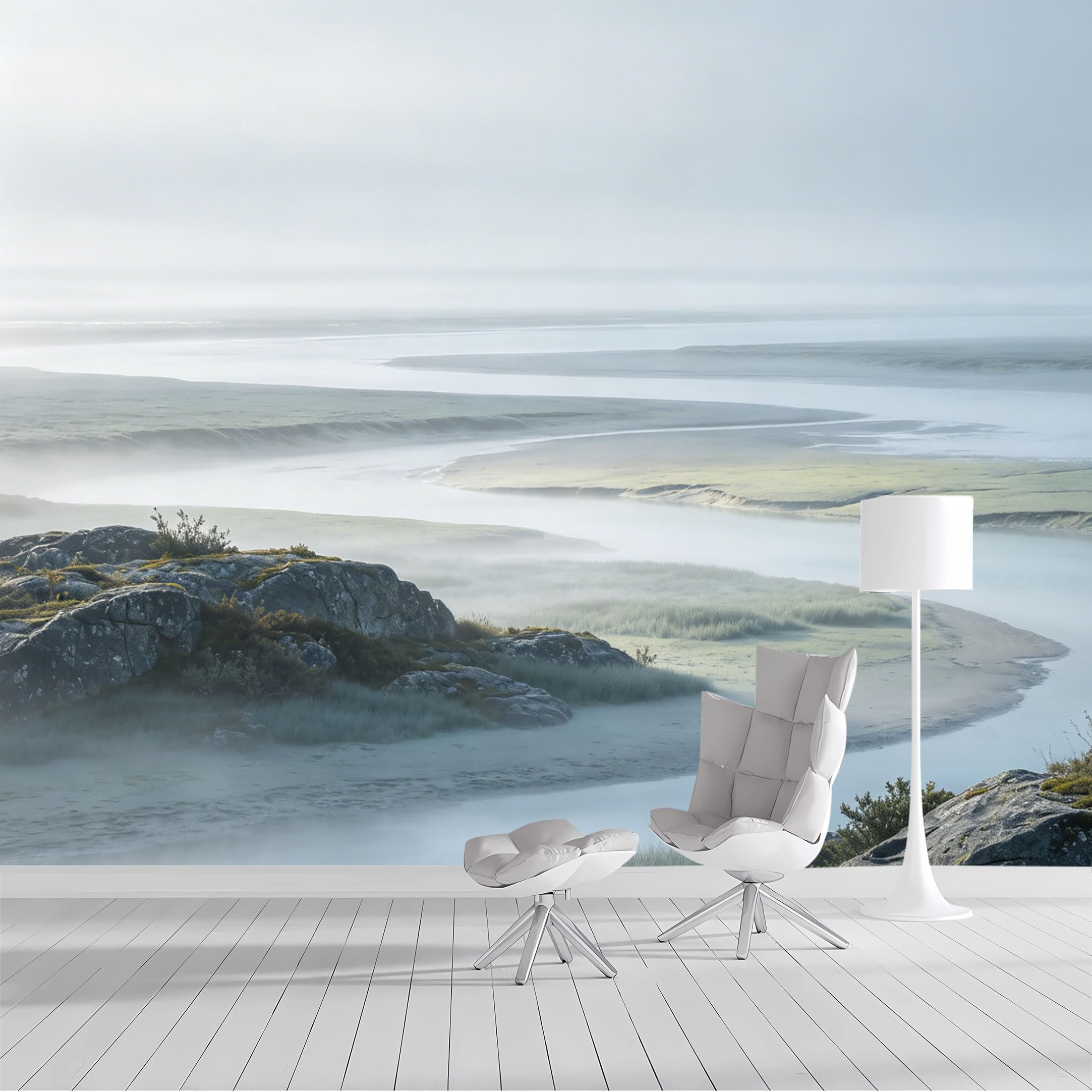 Custom Size Wall Mural Misty River Valley Landscape Coastal Morning Fog Nature View SelfAdhesive Wall Fabric Removable Peel and Stick Wallpaper Wall Decor for Living Room Bedroom Bathroom