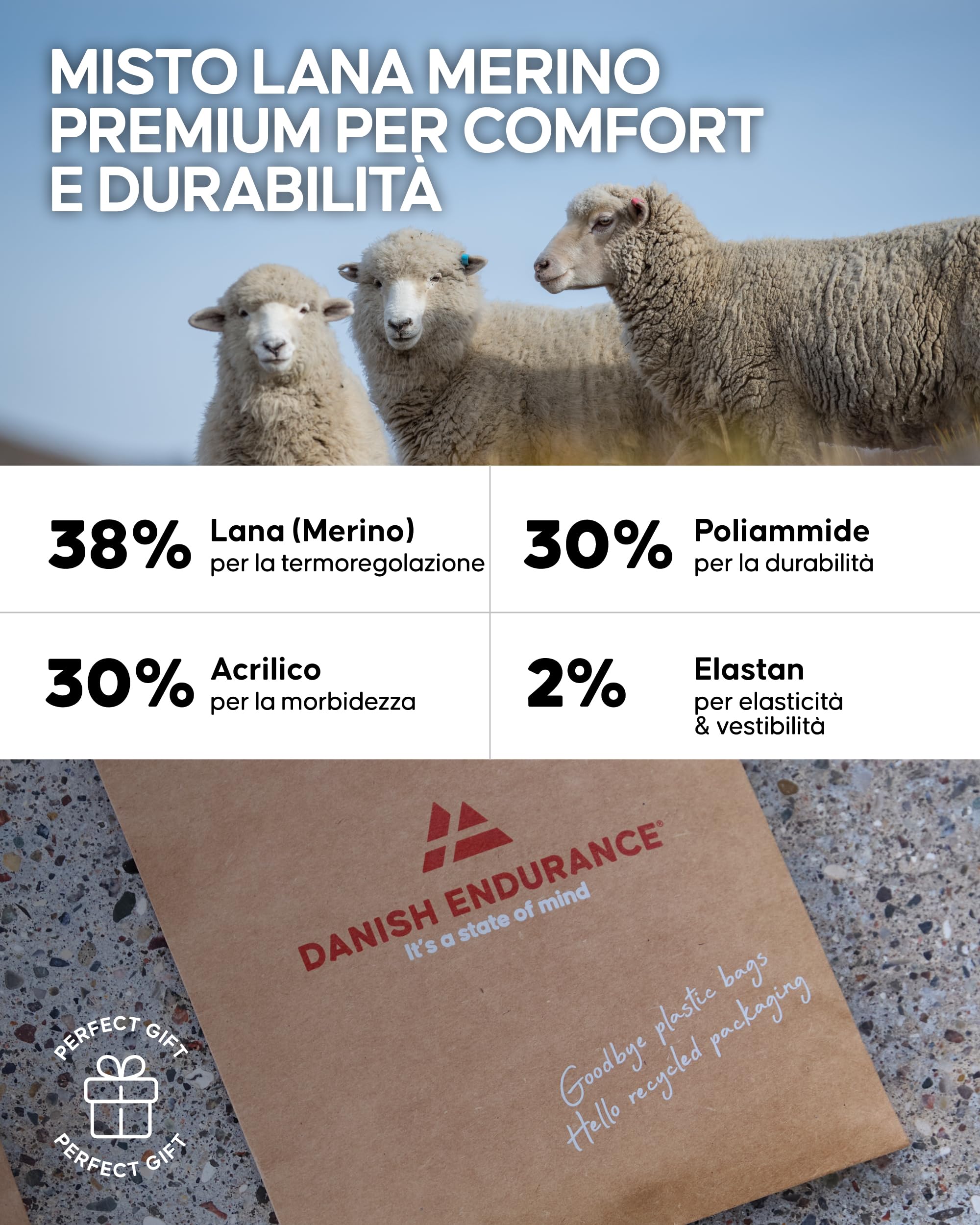 DANISH ENDURANCE Calze Trekking Corte Lana Merino, Calzini Termici Anti-Vesciche, Calze Escursionismo Traspiranti, Unisex, 3 Paia