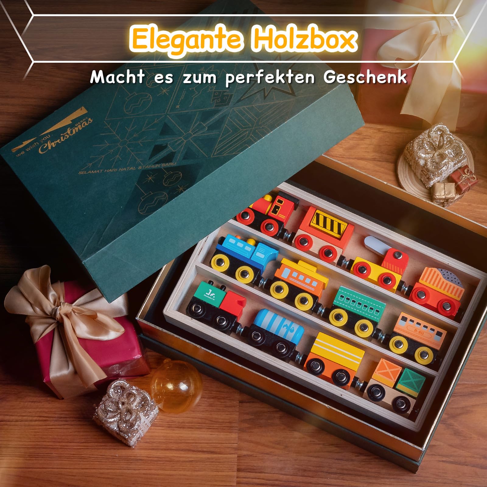 SainSmart Jr. Wooden Train Set 12 PCS - Train Toys with Storage Box, Magnetic Toy Trains Compatible with All Major Brands, Gift for Toddlers, Boys and Girls Aged 3+