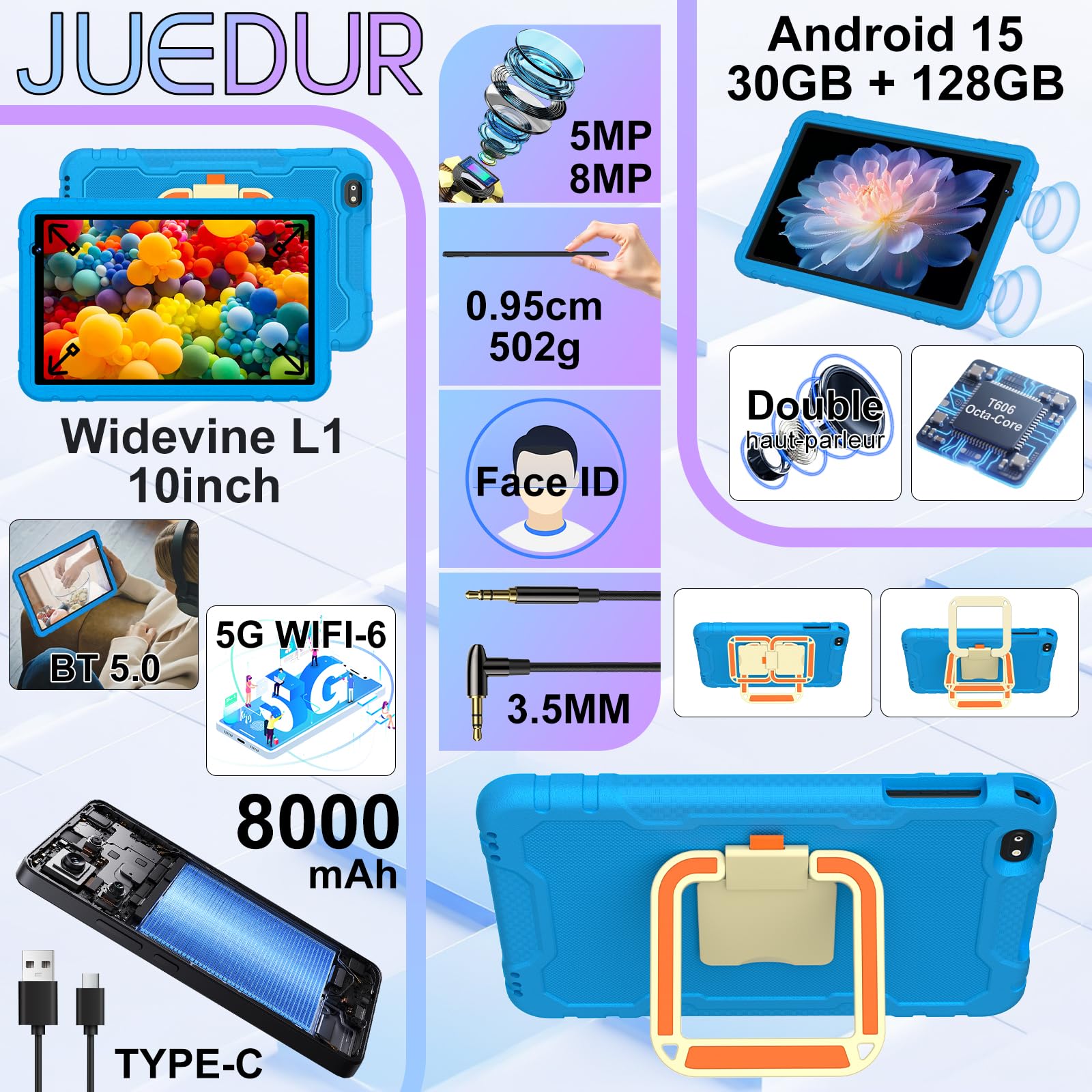 Android 15 Tablette 10 Pouces, 30Go RAM+128Go ROM(TF 2To), Octa-Core, Gemini Al Tablette Tactile, 8000mAh, Widevine L1, Contrôle Parental, EVA Étui de Protection Antichoc, 360° Rotatif Support (Noir