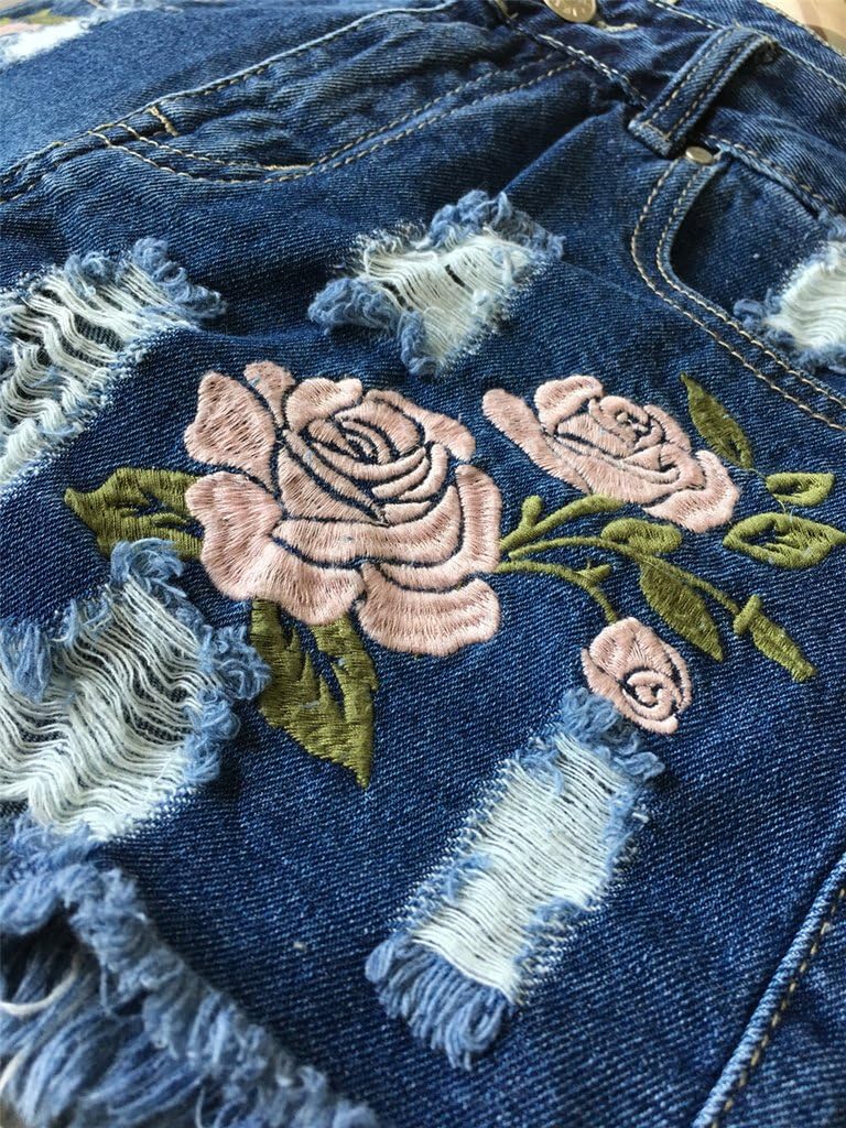 Dreamskull Womens High Waist Frayed Hem Peony Embroidered Denim Shorts