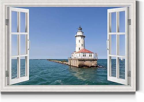 Renditions Gallery Decoración para el hogar, vista escénica de ventana de un faro en medio del océano, lienzo colgante para decoración de pared de