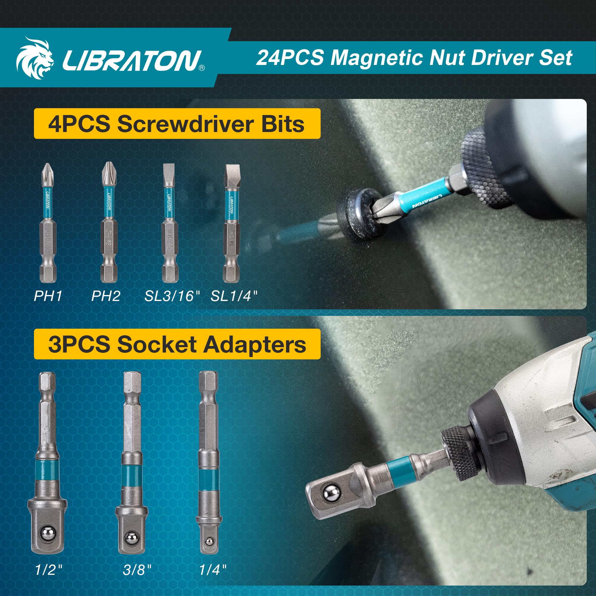 LIBRATON 24PCS Magnetic Nut Driver Set, Impact Drill Driver Bit