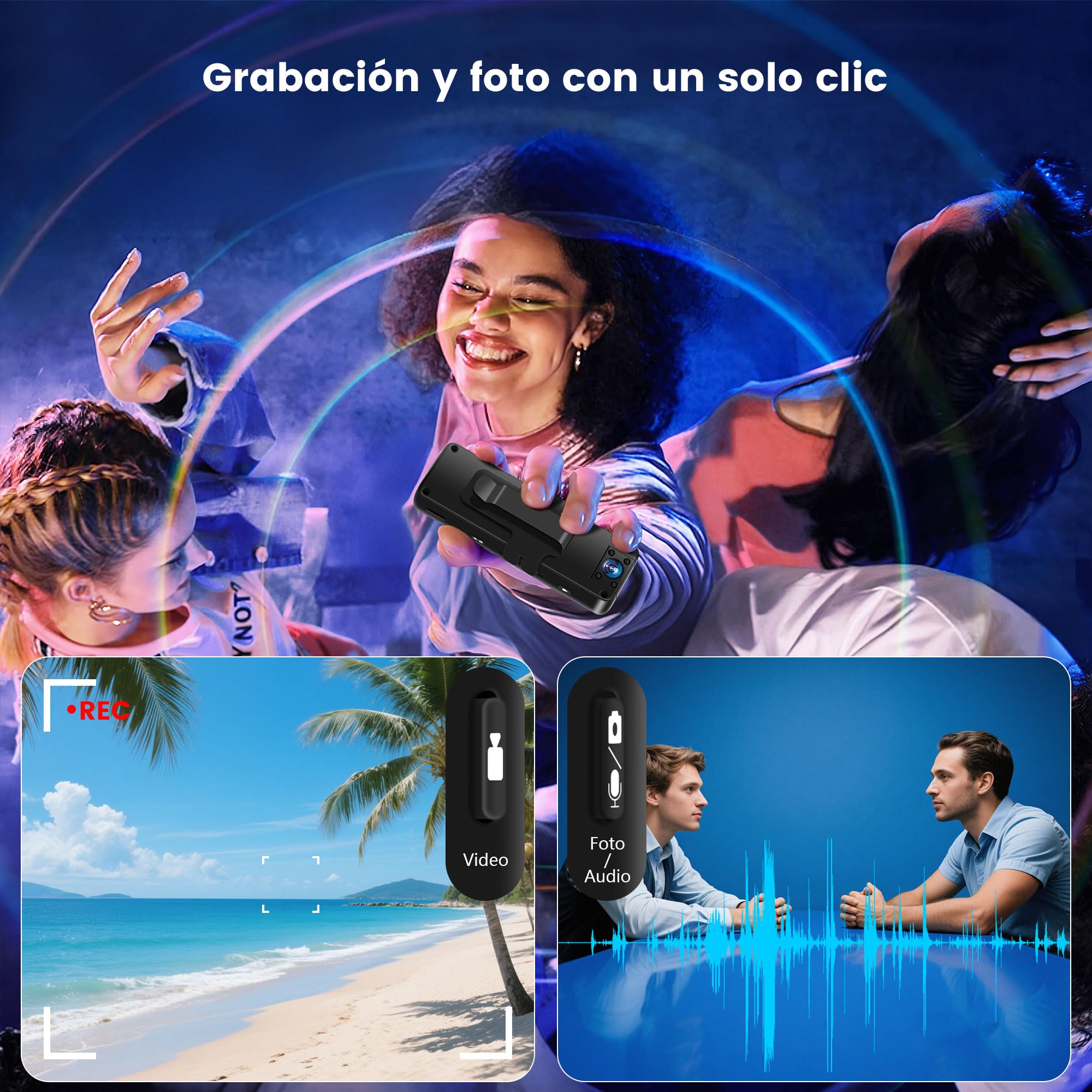 Bodycam, Cámara Corporal 1080P HD con Lente Gran Angular de 120°, Clip Trasero, Visión Nocturna y Detección de Movimiento, Cámara Mini con Objetivo Giratorio 180° para Grabación Diaria