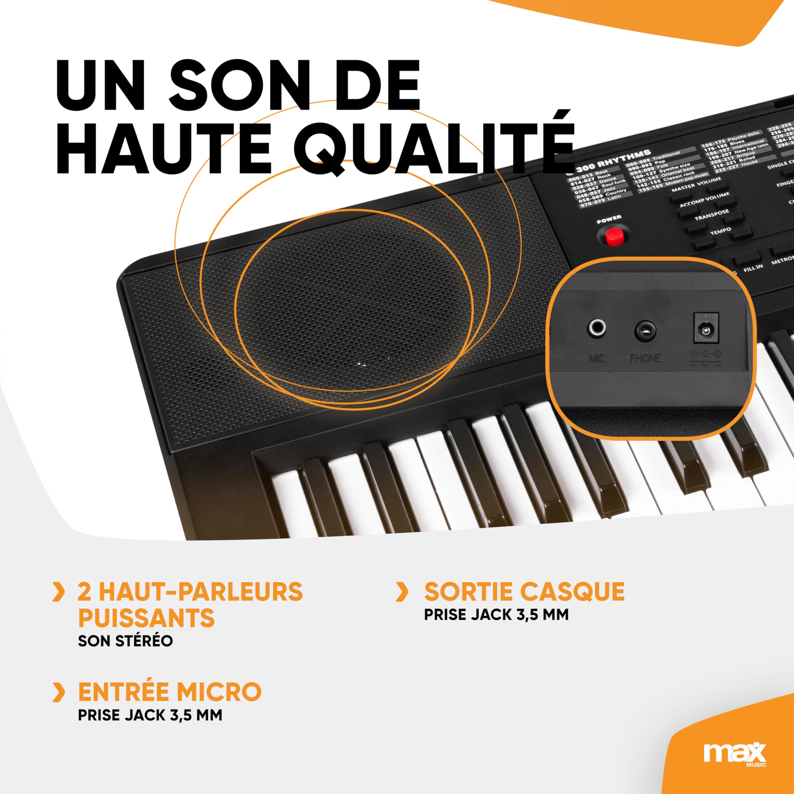 Max Rhapsody54 Clavier Électronique, 54 Touches, Synthétiseur Débutant, Deux Modes d'Apprentissage, Avec Porte-partitions, Deux Haut-parleurs Intégrés, Idéal pour Démarrer votre Apprentissage