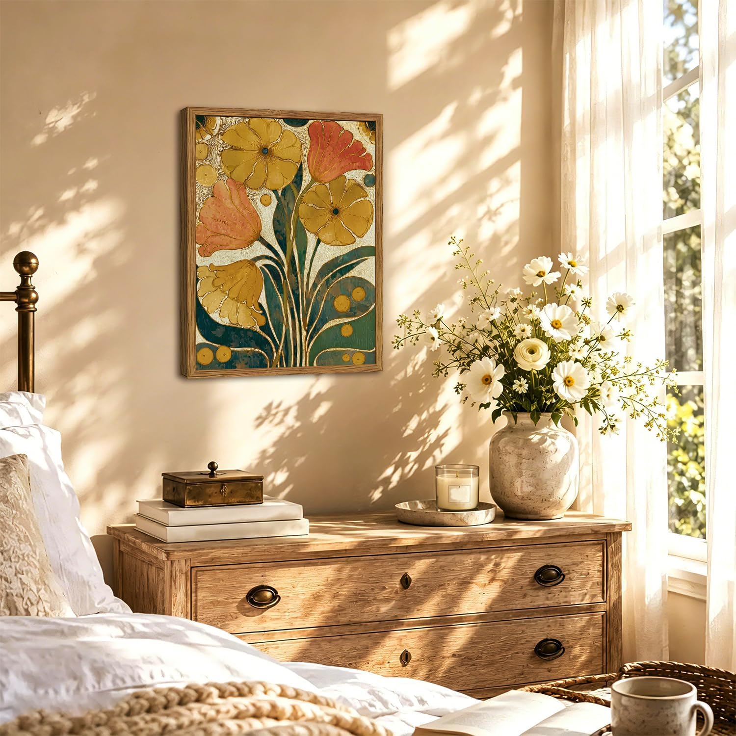 Framed Boho Floral Wall Art, Mid Century Modern Vintage Flower Pictures Wall Decor, Abstract Botanical Paintings Canvas Prints Rustic Home Decor Aesthetic for Living Room Bedroom Bathroom 12x16 inch image 3