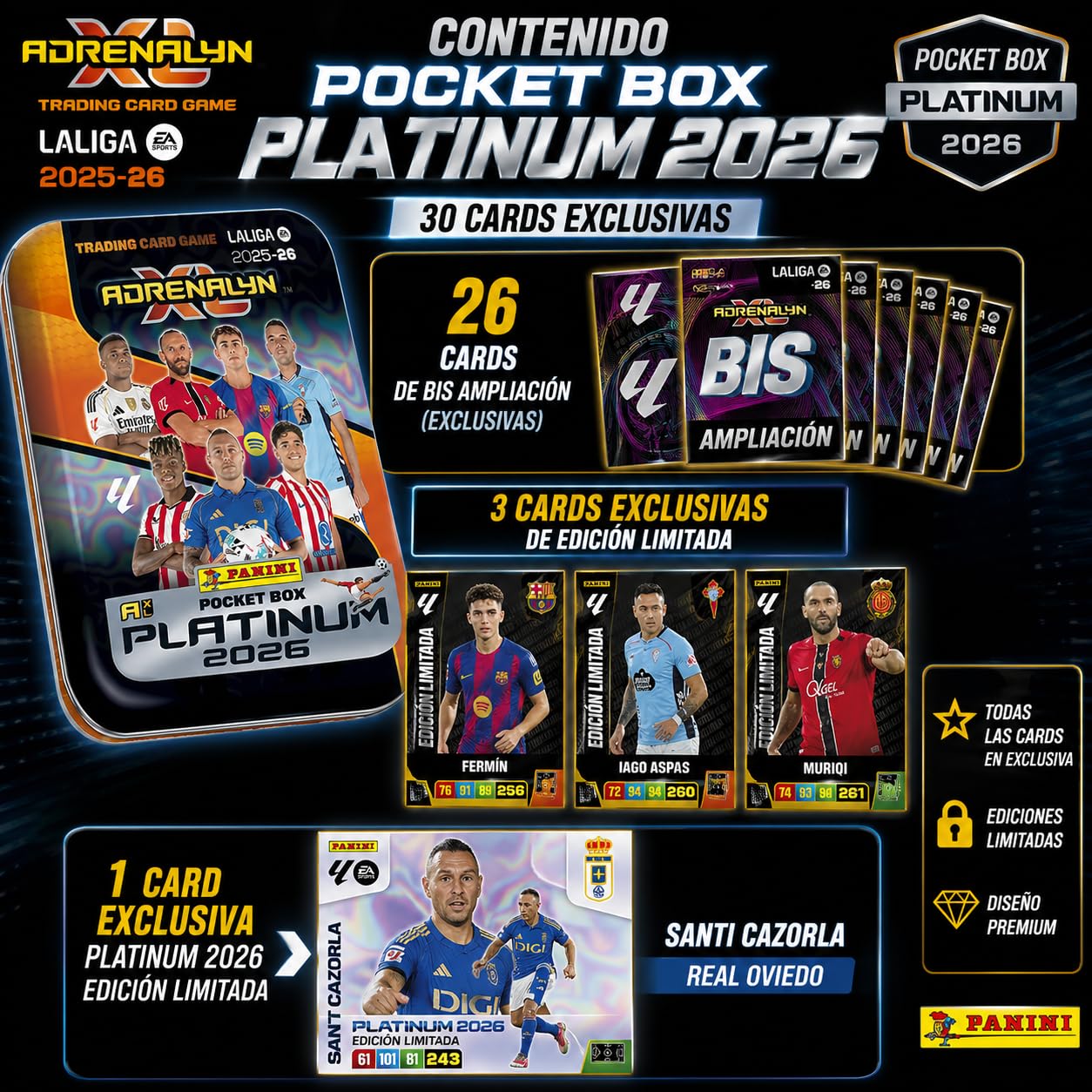 Panini Pack Coleccionista Adrenalyn XL LaLiga 2025-26, Box Serie Oro, Pocket Box Platinum 2026, Dream Box Total Kings y Deck Box