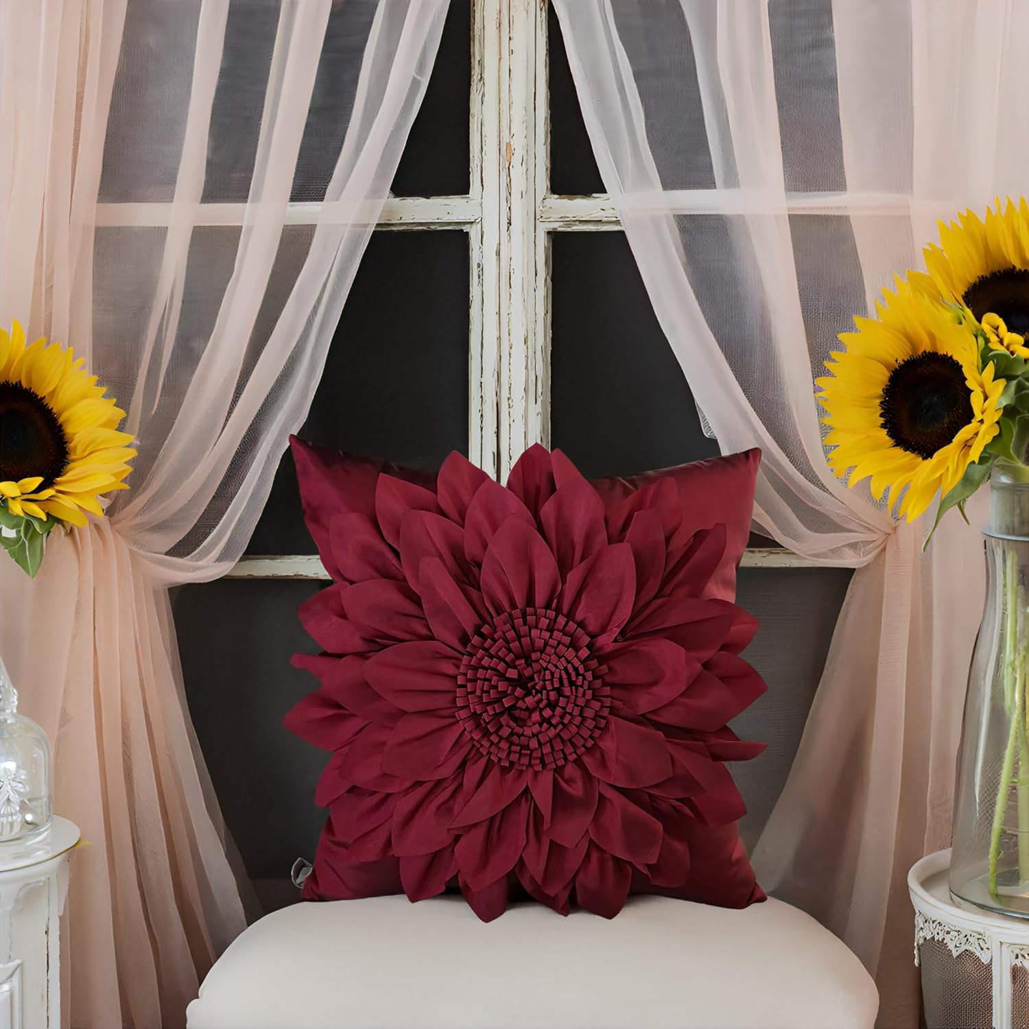 Bella's Giftshop 3D Sunflower Decorative Throw Pillow Covers for Bed Sofa Couch Car, Accent Floral Taffeta Cushion Cover, Handmade Pillow Cases Living Room Decor, 17x17 Inch-Burgundy - Image 4