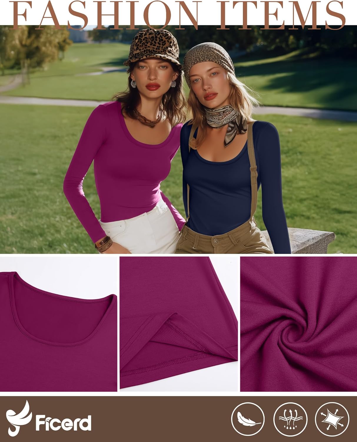 Ficerd 4 Pack Women's Scoop Neck Tops Long Sleeve Slim Fit T-Shirts Stretchy Tight Casual Plain Layering Shirts Tees - Image 3