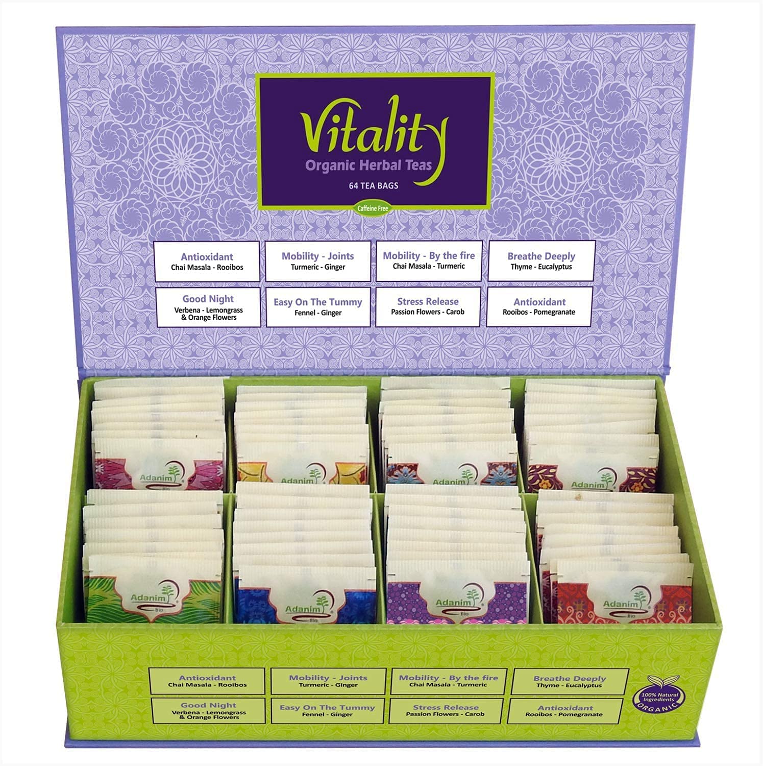 Vitality Organic Herbal Tea Sampler Gift Box Caffeine Free 8 Unique Flavors for Tea Lovers 64 Individually Wrapped Tea Bags Variety Pack