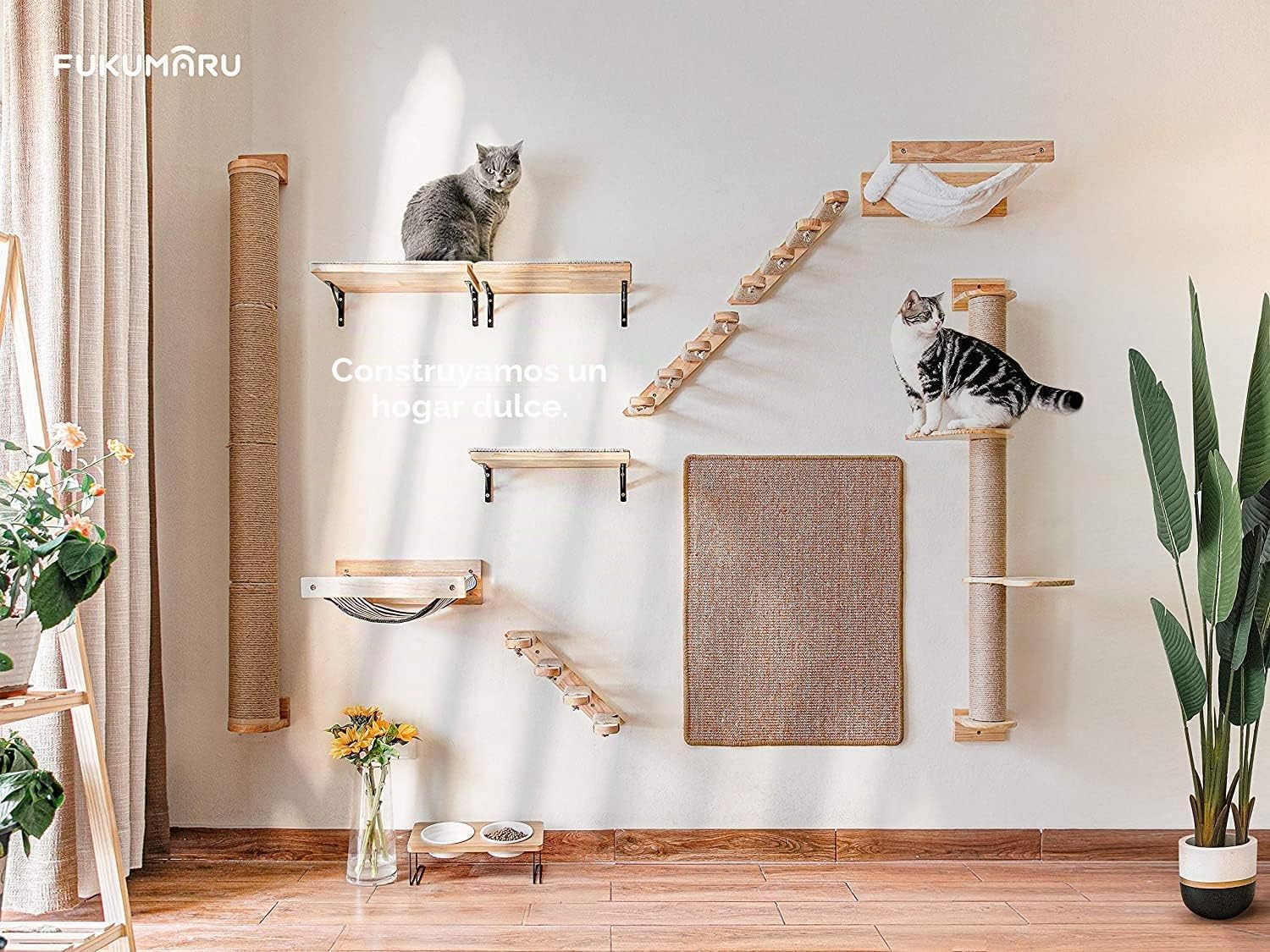 FUKUMARU Cama Pared Gato, Hamaca para Gatos Grande montado en la Pared, De Madera Maciza de Caucho, Muebles de Gatito Premium para Dormir, Jugar, Escalar y Descansar, Soporta hasta 18 KG