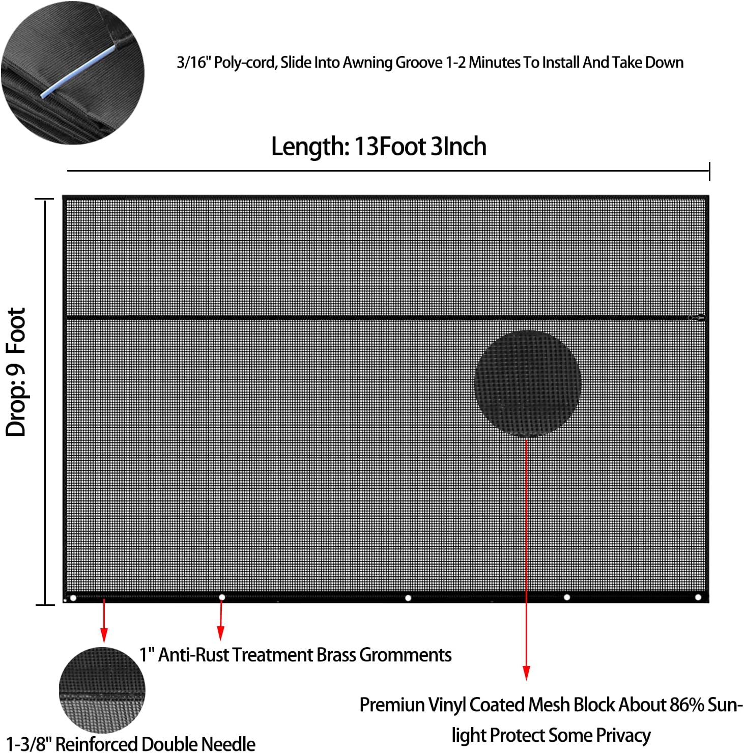 RV Awning Shade Screen with Zipper 9'x13'3", RV Awning Fabric Replacement Complete Kits for Trailer Camper, RV Awning 230GSM 8.2oz, 600D Durable Mesh Blocks 88% Sunlight, Improves Shade&Privacy