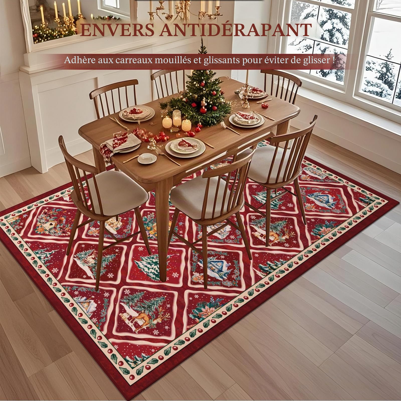 Tapis de Noël pour salon, 120 x 180 cm, lavable, rouge, antidérapant, doux, à poils courts, pour salle à manger, chambre d'enfant, bureau, décoration de vacances