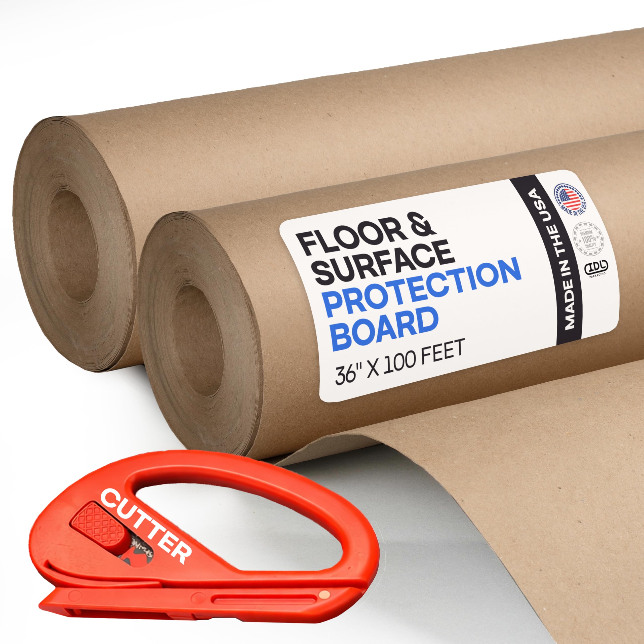 Construction Paper 36" x 100 feet, 2 Rolls + 1 Cutter – Extra Thick Floor Covering (20 mil, 200 lbs, 600 sq.ft. Total) - Contractor Paper for Remodeling &amp; Surface Protection by IDL Packaging