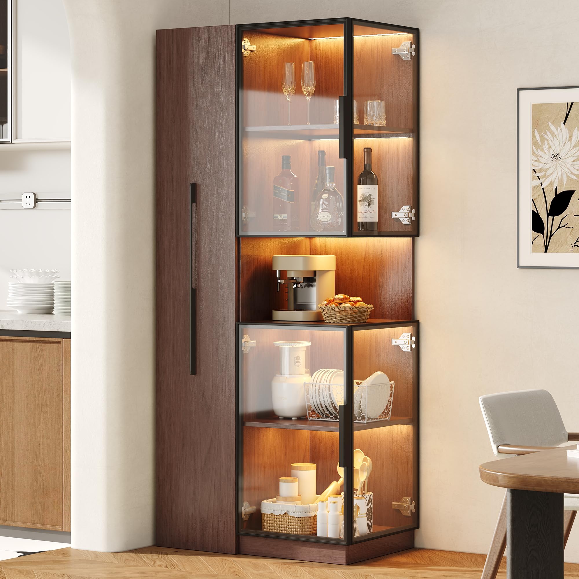 Vitrina con estante extensible – vitrina de doble cristal LED MDF nogal vitrina de cristal y almacenamiento armario alto multifuncional para salón, comedor, cocina, marrón