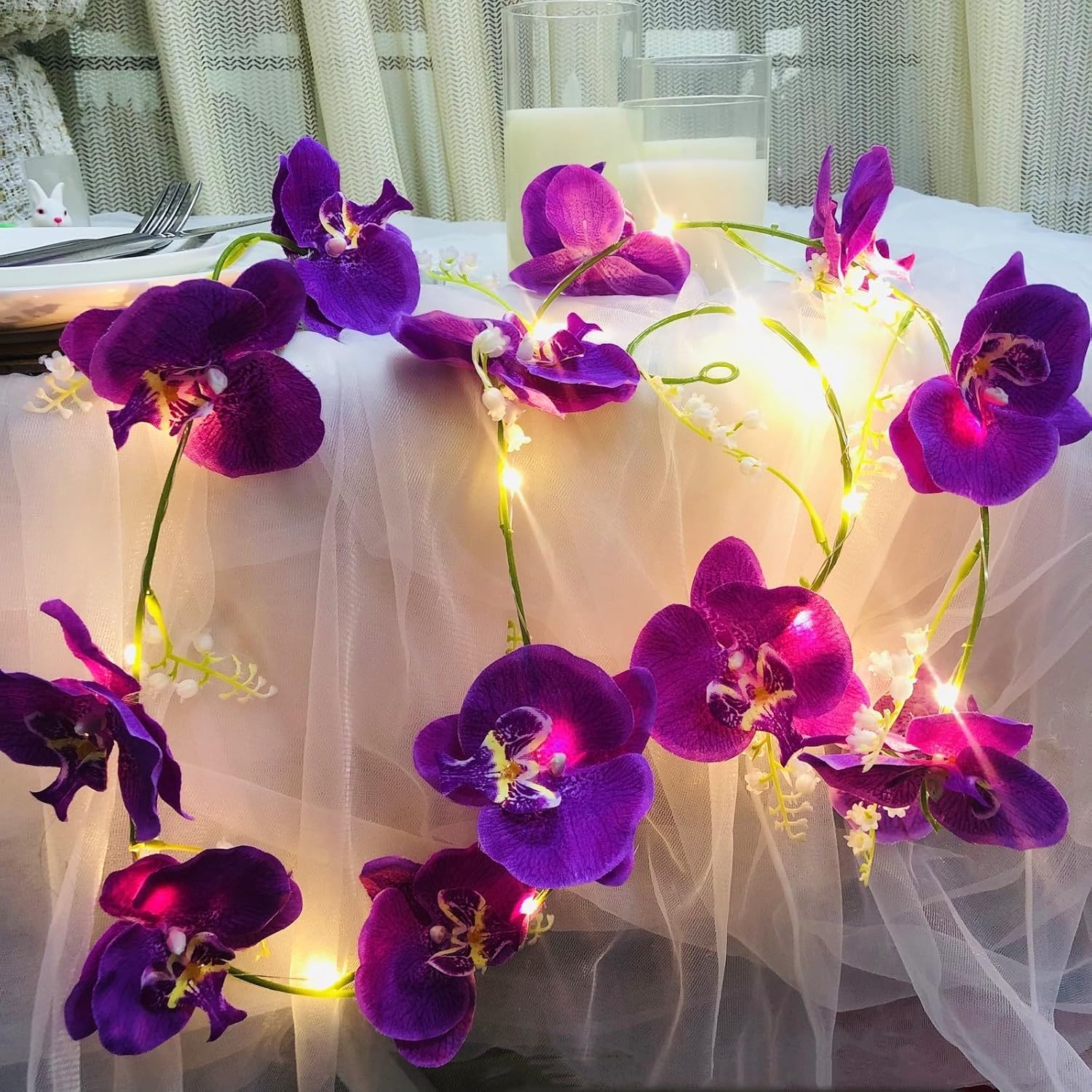 20 LED Orchid Vine Lights,Artificial Lily of The Valley Flower Garland String Lights for Valentines Day Wedding Party Table Centerpiece Arrangement Decor (Purple)