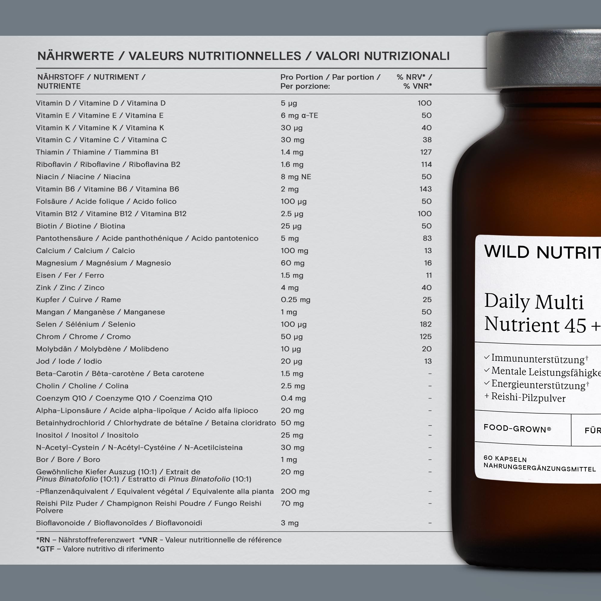 WILD NUTRITION ​​Food-Grown Daily Nutrient Men’s 45+, Vorrat für 1 Monat | Multivitamin für Männer ab 45, Zink, Selen und Magnesium, zur Unterstützung von Muskeln, Knochen und Immunsystem, 60 Kapseln