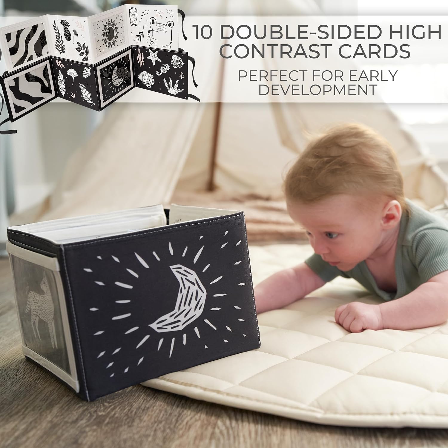 Soft Tummy Time Book w/ Large Stimulating Baby Safe Mirror - Fun High Contrast Montessori Toy w/ Mirror, Crinkle Filling & Silicone Teether - The Perfect Toy For Safe Early Newborn/Infant Development, view 10