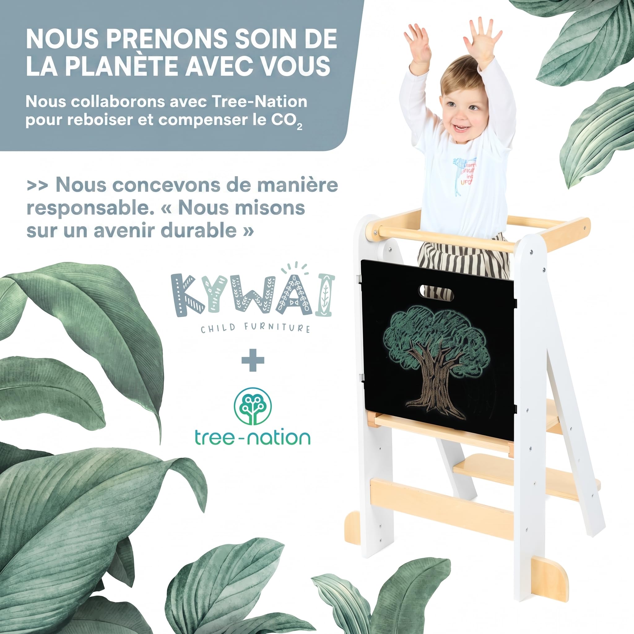 Tour d'Observation Montessori, Tour d Observation Enfant Pliable avec 2 Hauteurs Réglables, Tableau Amovible, Design Nordique – Marque Engagée pour la Reforestation Mondiale