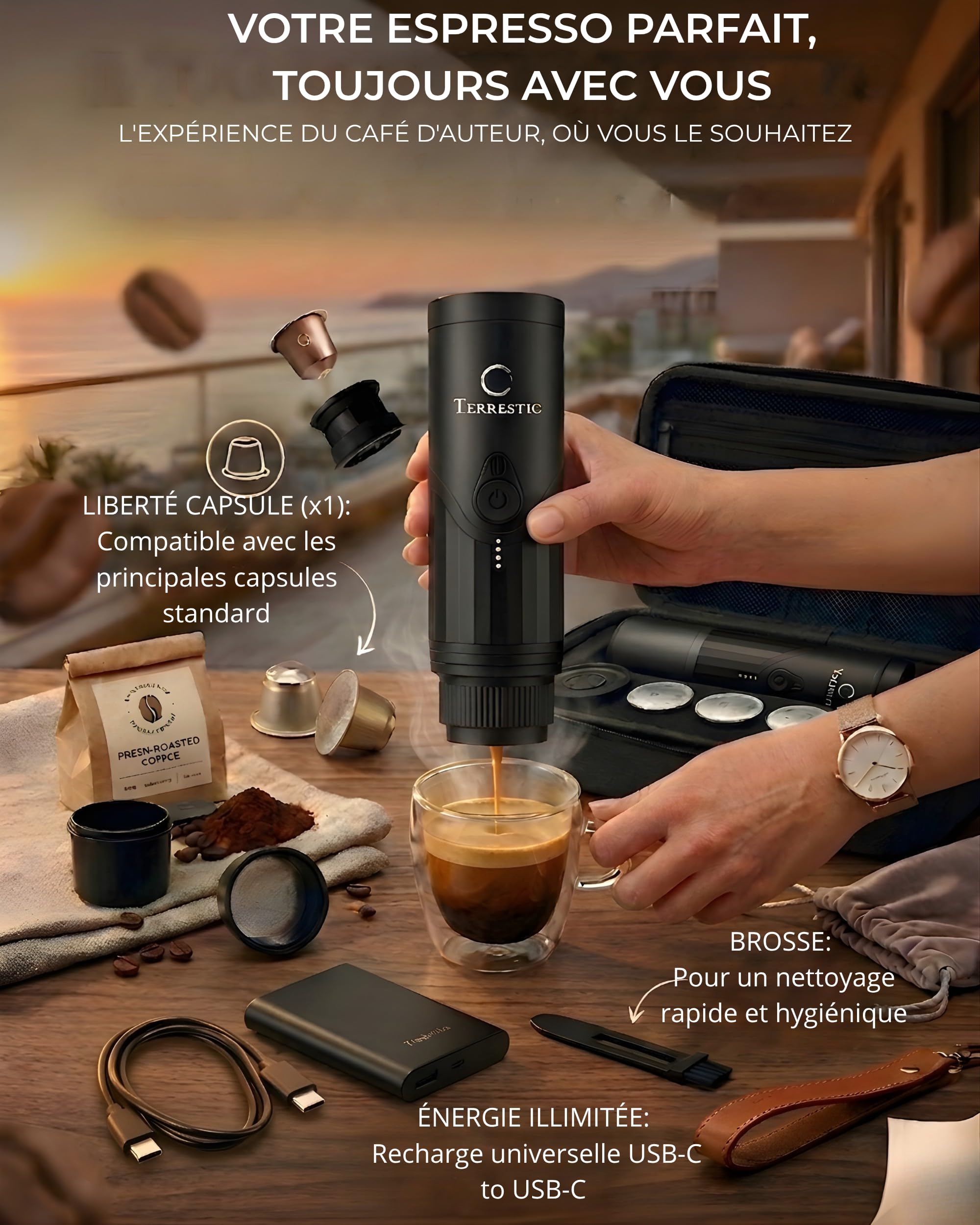 Machine à Café Expresso Portable Électrique – Compatible Capsules Nespresso et Café Moulu, Rechargeable USB-C, avec Étui de Transport Rigide, Idéale pour Voiture, Camping et Voyage