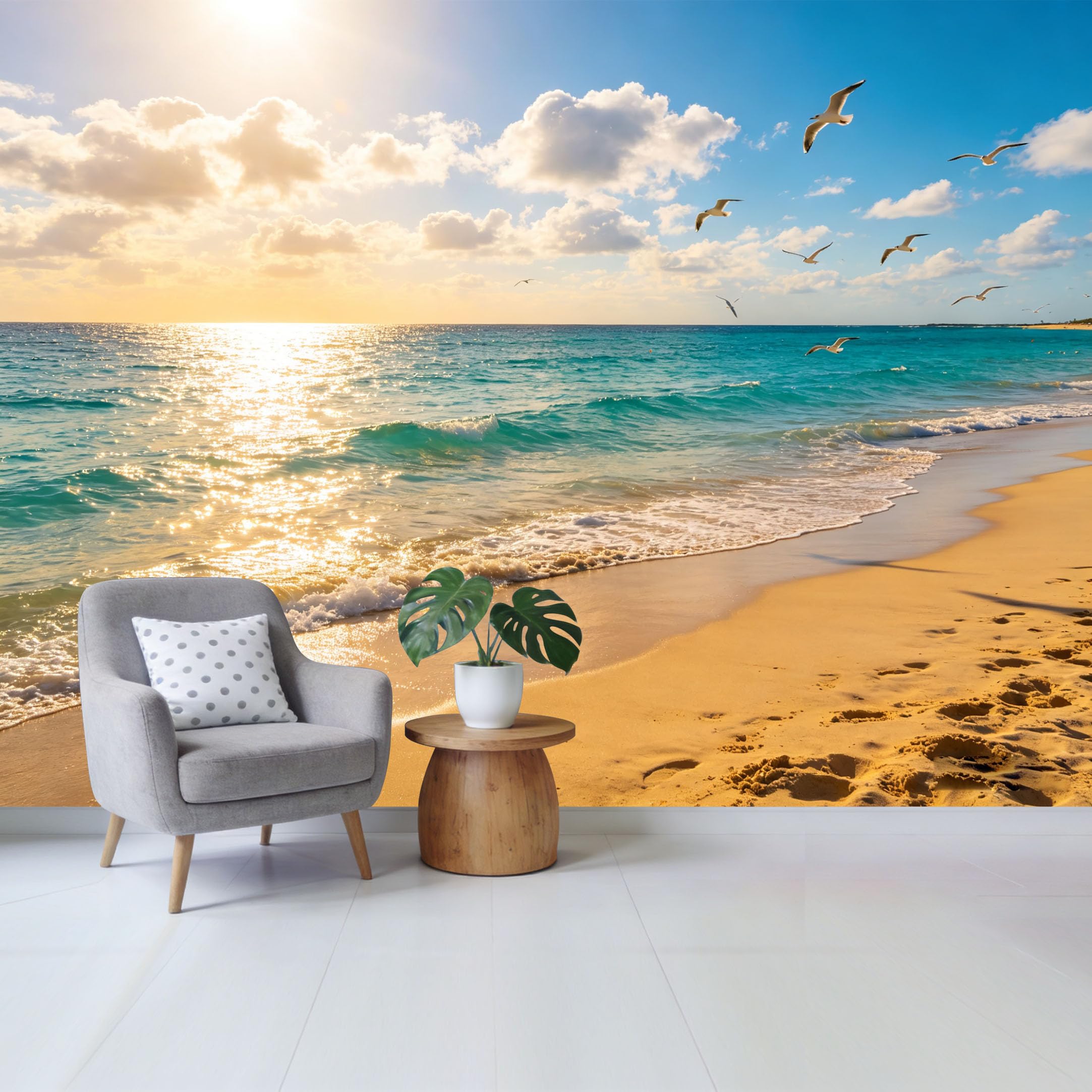 Qzlithotic Yq2605250124 Custom Size Wall Mural Coastal Tropical Beach Sunset Scenic Seascape Seagulls Flying Over Ocean Waves Selfadhesive Wall Fabric Removable Wallpaper For Home Office Decor