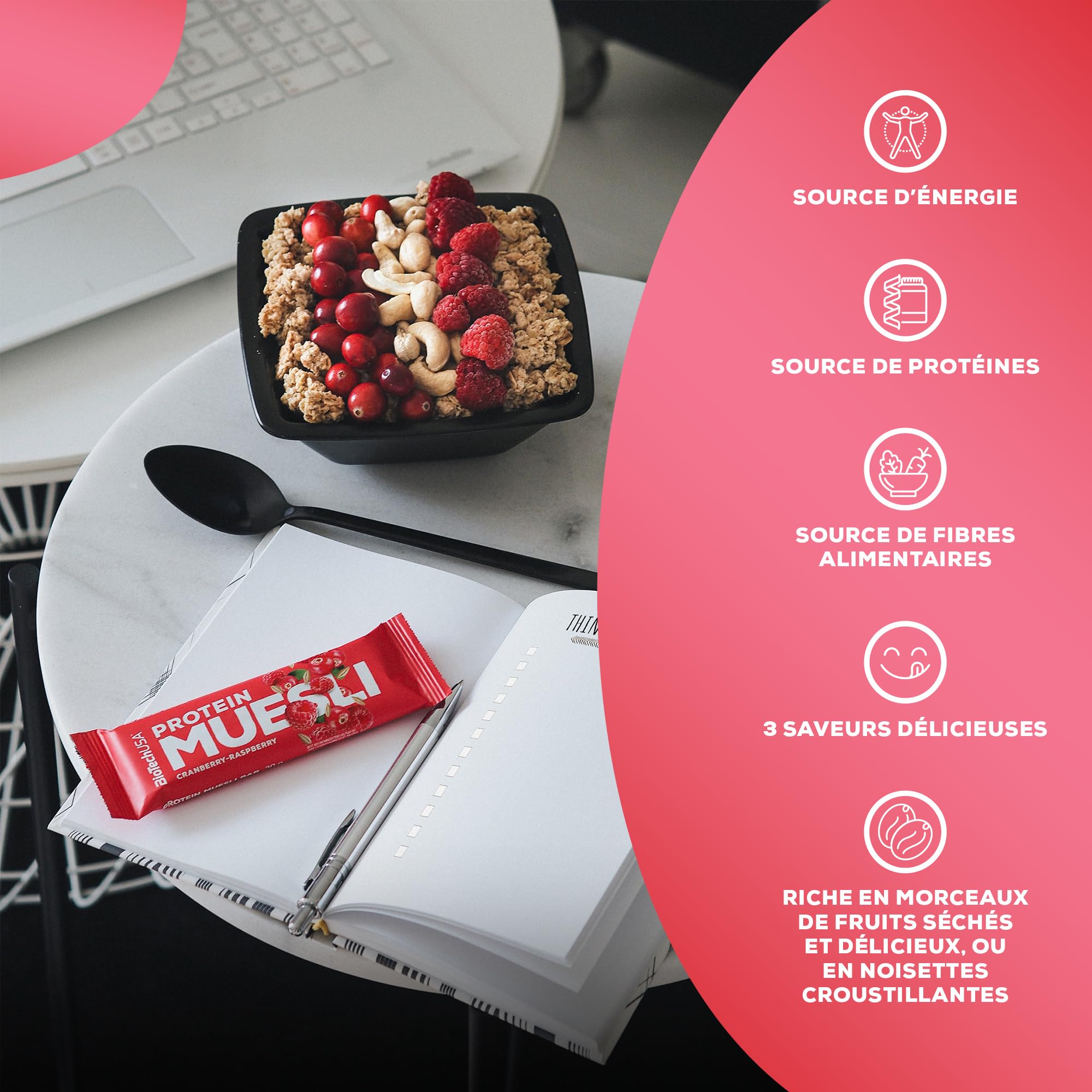 BioTechUSA BioTechUSA Protein Muesli, Barre de céréale ayant une teneur élevée en protéines, avec des vitamines, des minéraux, 28 * 30 g, Myrtille-Framboise